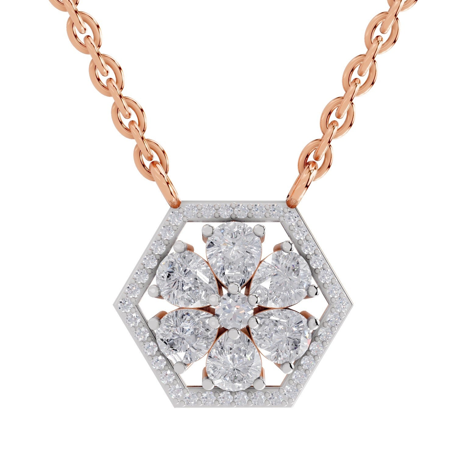 1.63 Ct Pear & Round Shape Floral Diamond Necklace | 14K Rose Gold