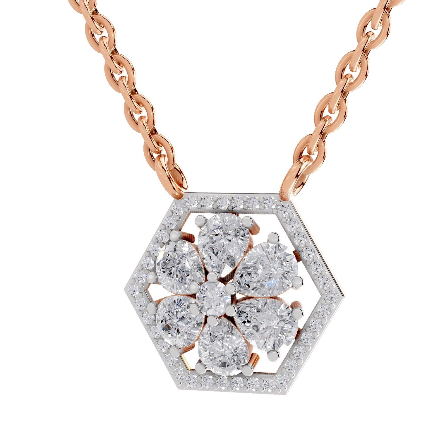 1.63 Ct Pear & Round Shape Floral Diamond Necklace | 14K Rose Gold