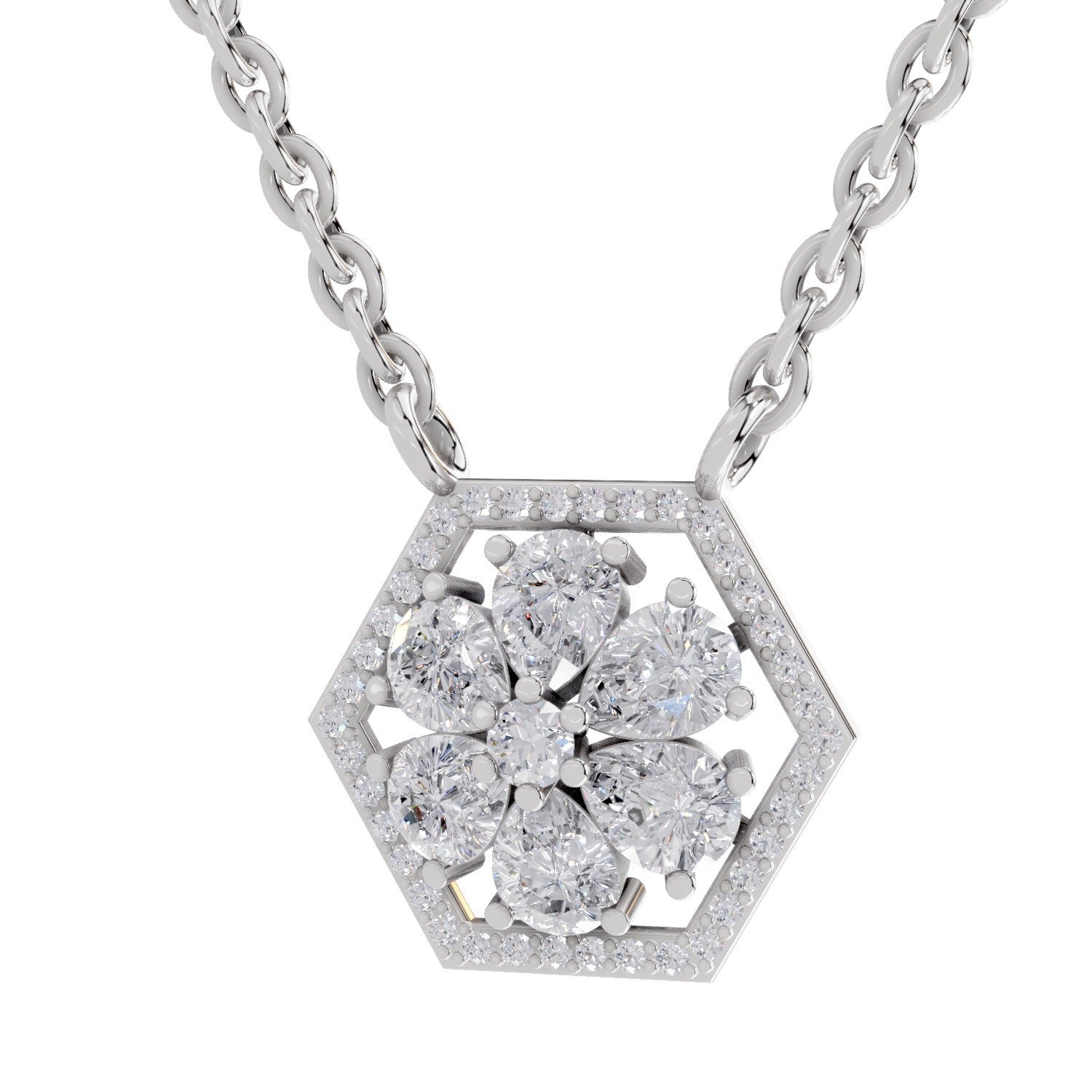 1.63 Ct Pear & Round Shape Floral Diamond Necklace | 14K White Gold