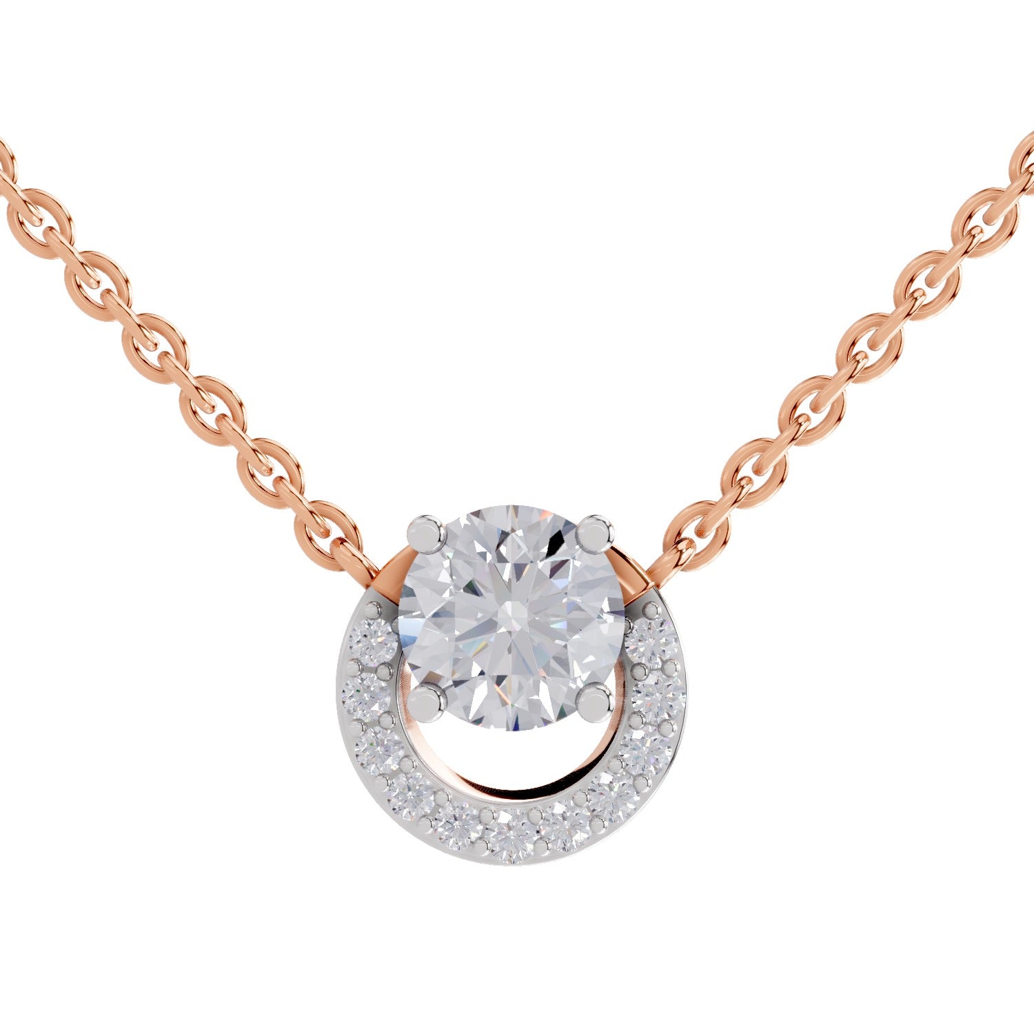 1.15 Ct Round Shape Halo Diamond Necklace | 14K Rose Gold