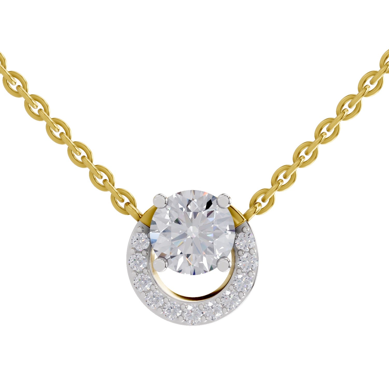 1.15 Ct Round Shape Halo Diamond Necklace | 14K Yellow Gold