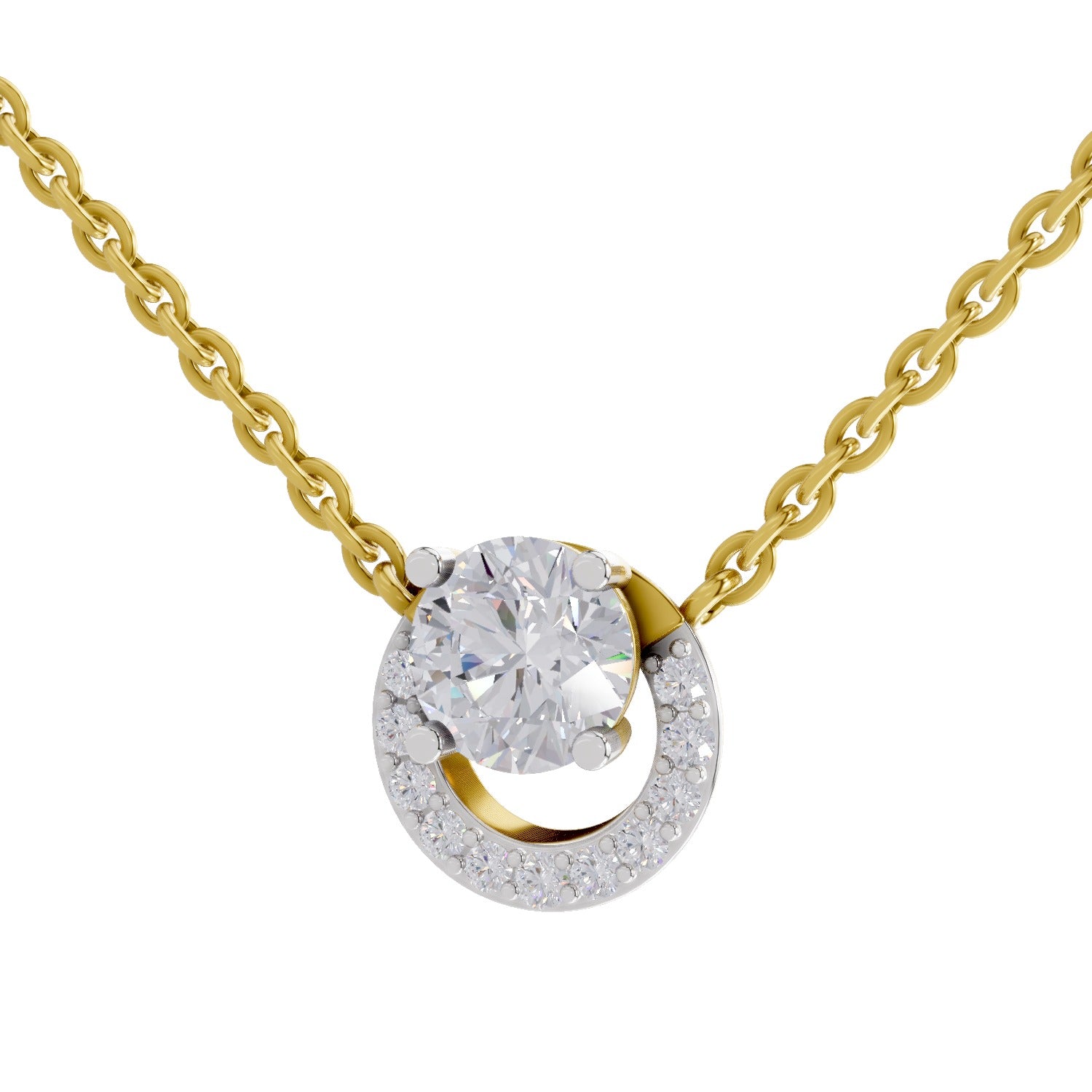 1.15 Ct Round Shape Halo Diamond Necklace | 14K Yellow Gold