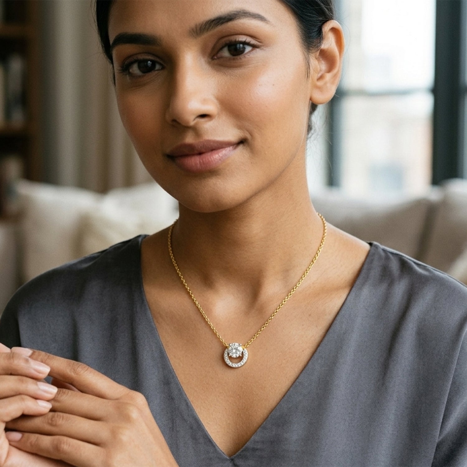 1.15 Ct Round Shape Halo Diamond Necklace | 14K Yellow Gold