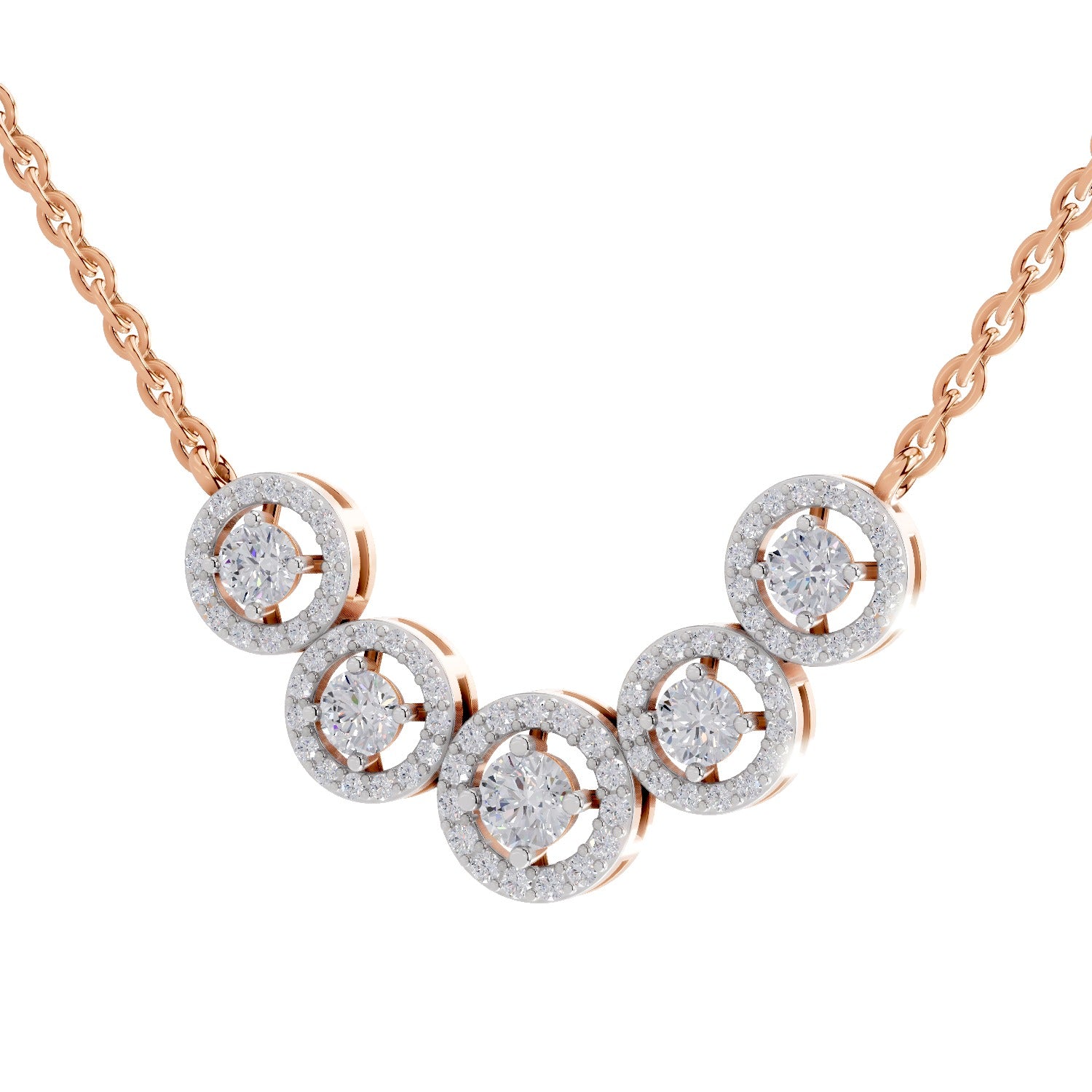 1 Ct Round Shape Halo Diamond Necklace | 14K Rose Gold