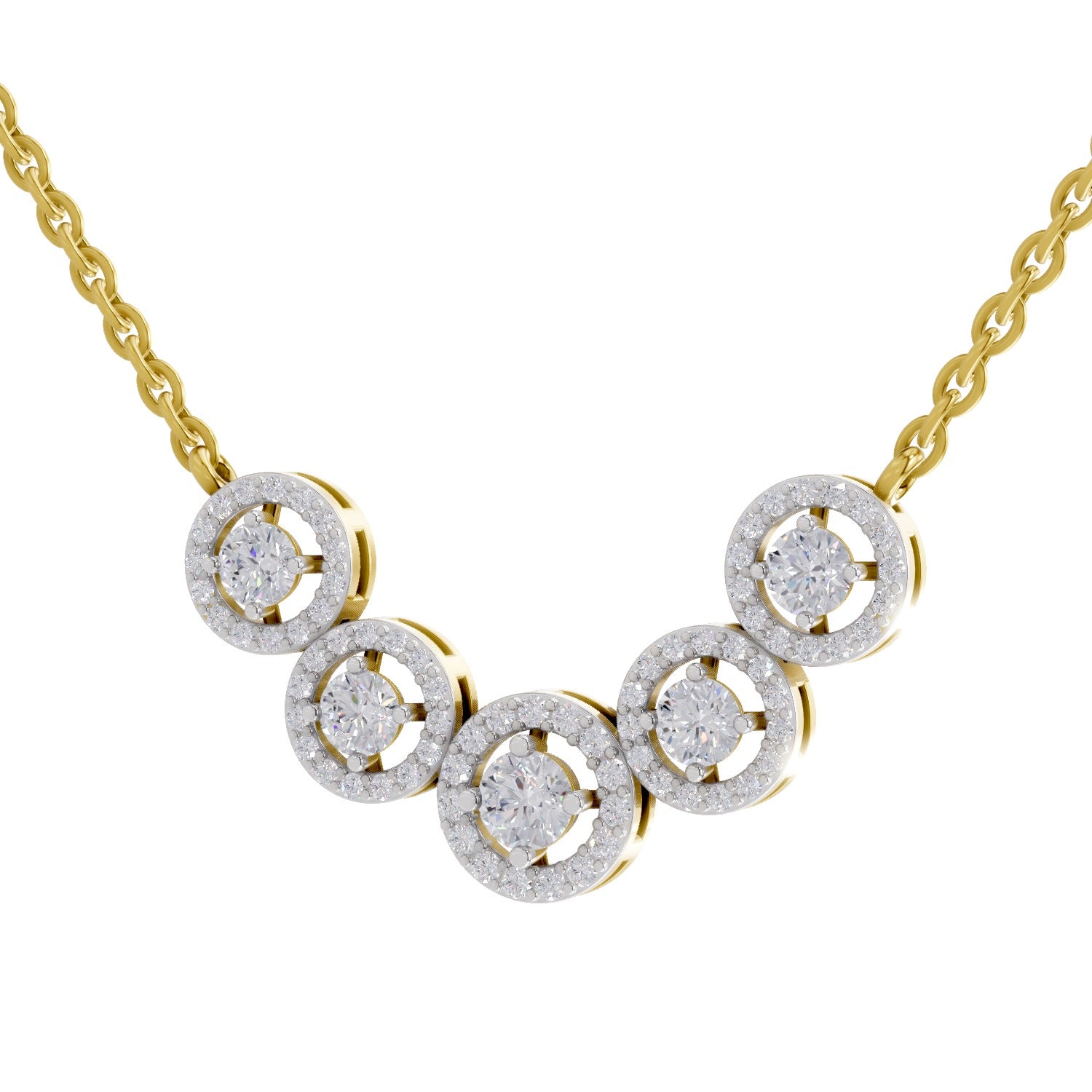 1 Ct Round Shape Halo Diamond Necklace | 14K Yellow Gold