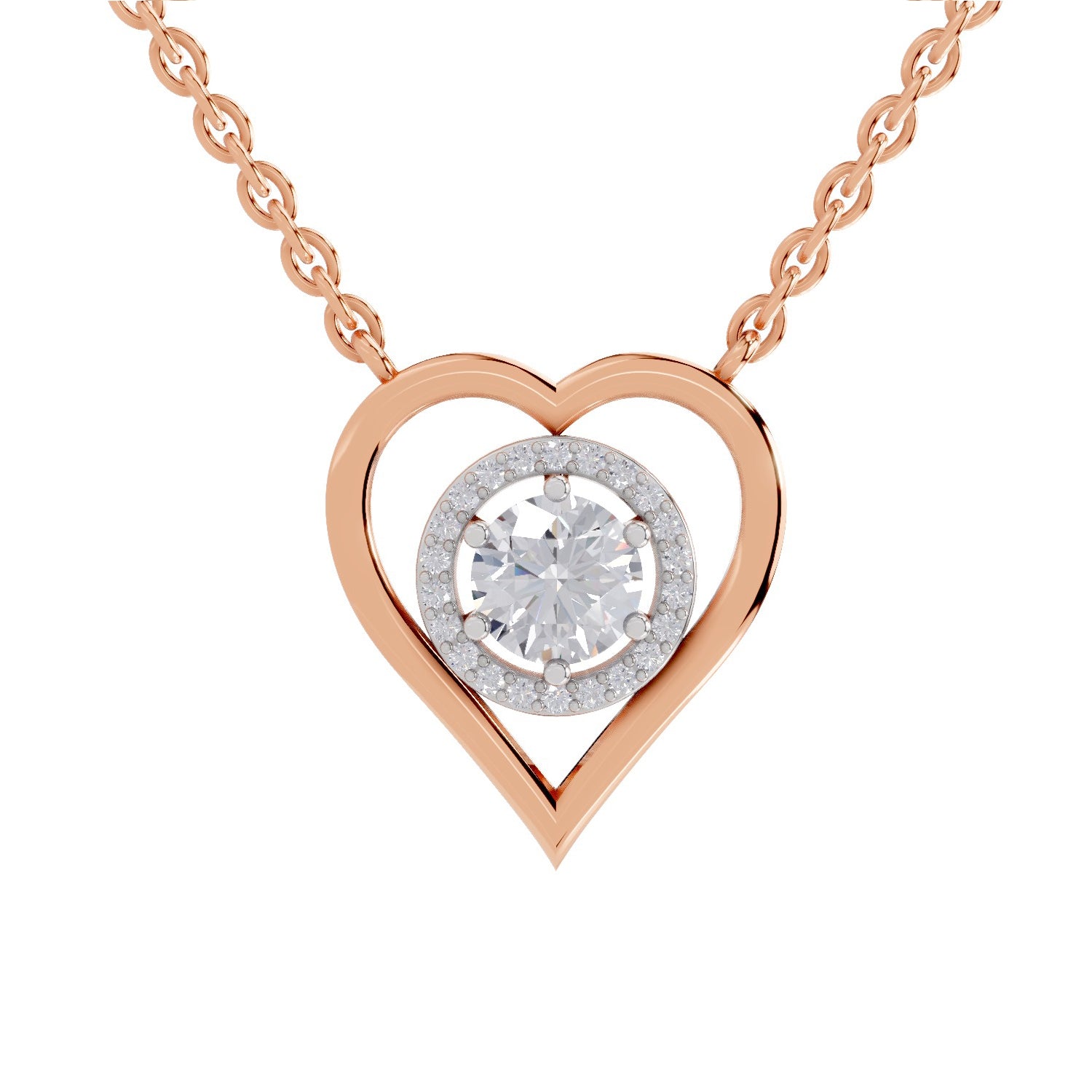 0.61 Ct Round Shape Heart Halo Diamond Necklace | 14K Rose Gold