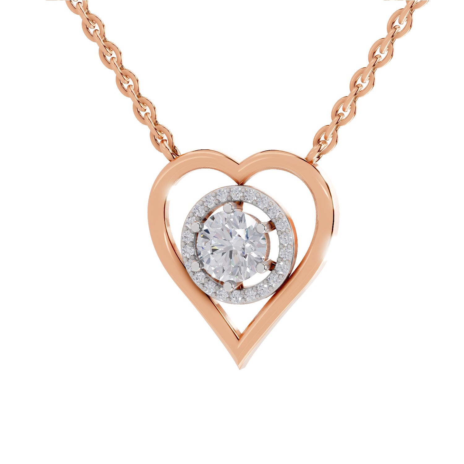 0.61 Ct Round Shape Heart Halo Diamond Necklace | 14K Rose Gold