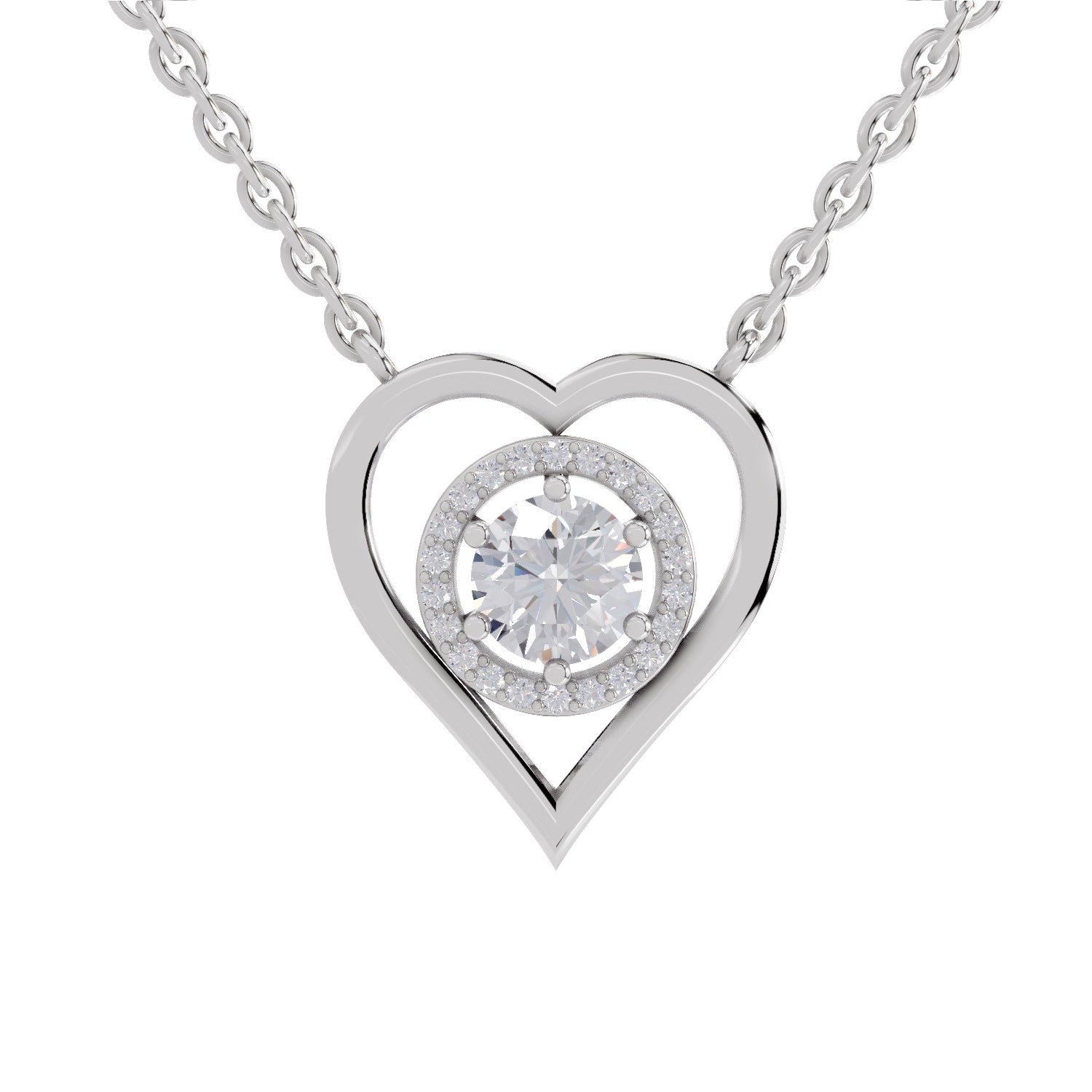 0.61 Ct Round Shape Heart Halo Diamond Necklace | 14K White Gold