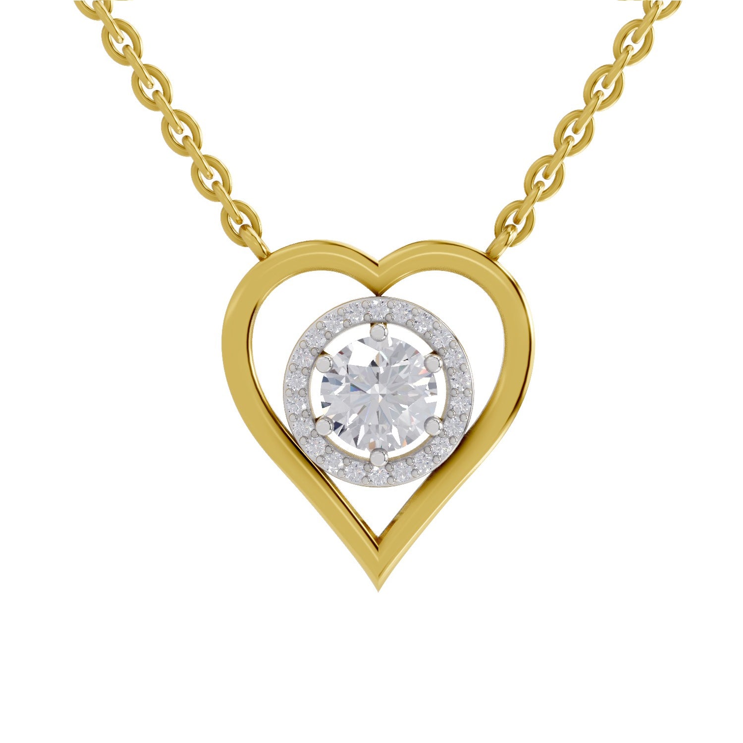 0.61 Ct Round Shape Heart Halo Diamond Necklace | 14K Yellow Gold