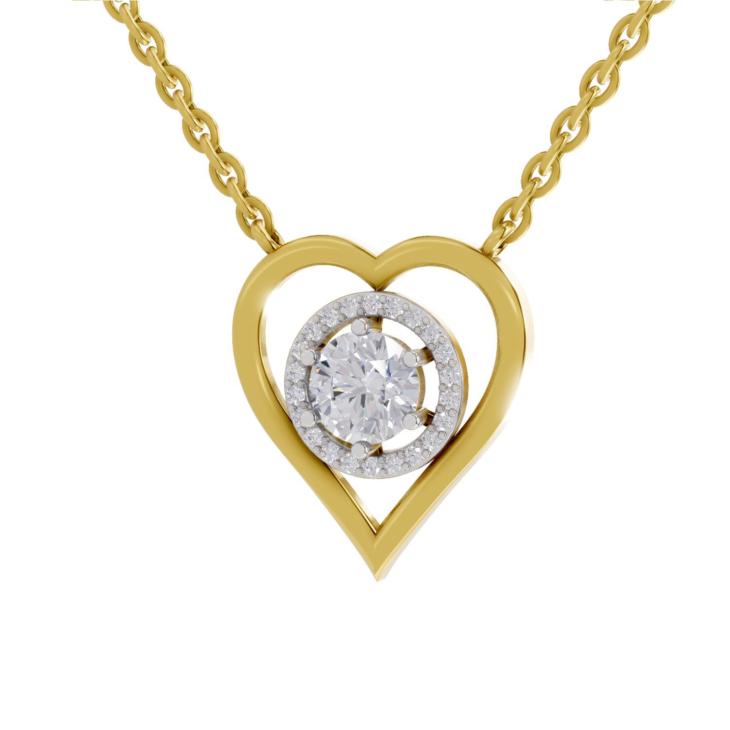0.61 Ct Round Shape Heart Halo Diamond Necklace | 14K Yellow Gold
