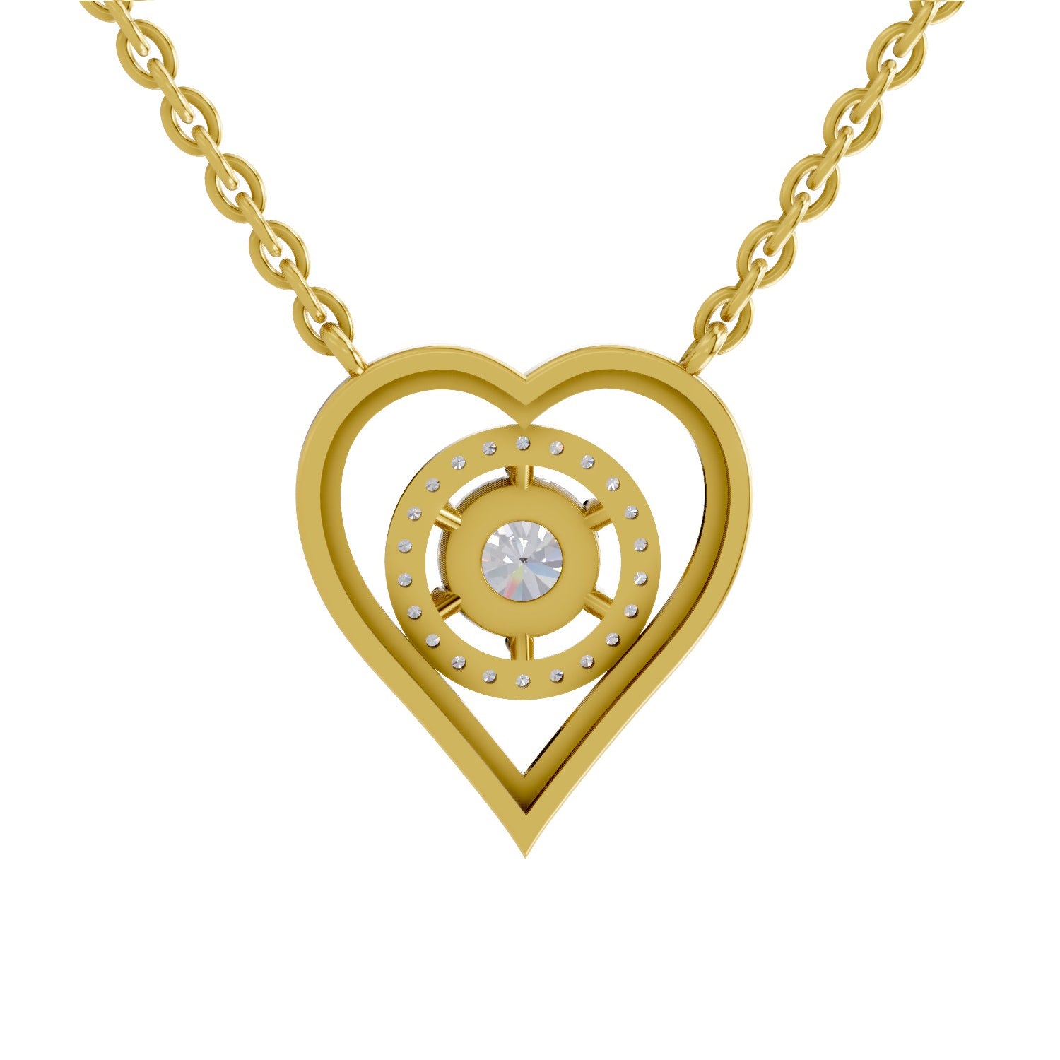 0.61 Ct Round Shape Heart Halo Diamond Necklace | 14K Yellow Gold