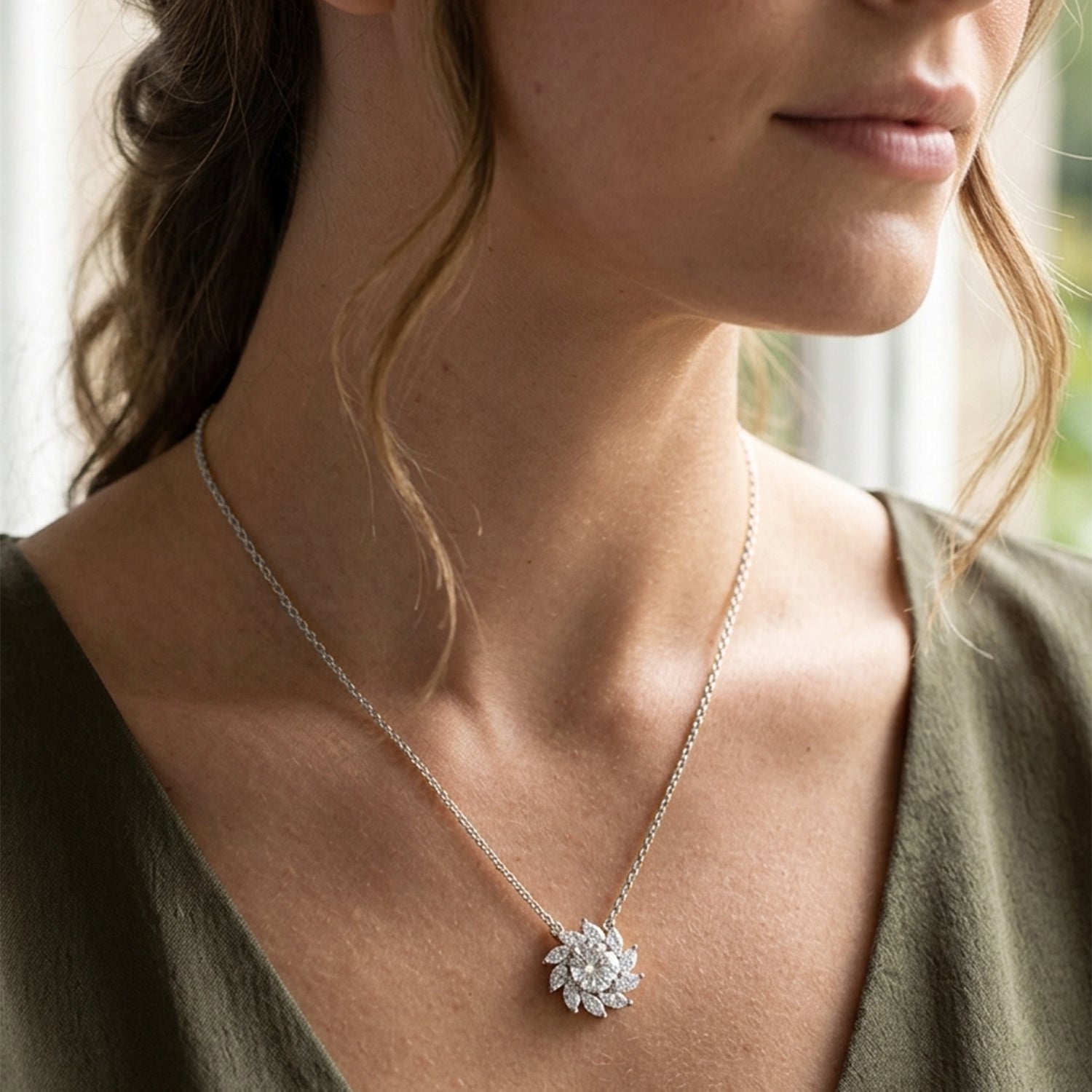 3.30 Ct Round Shape Floral Diamond Necklace | 14K Yellow Gold