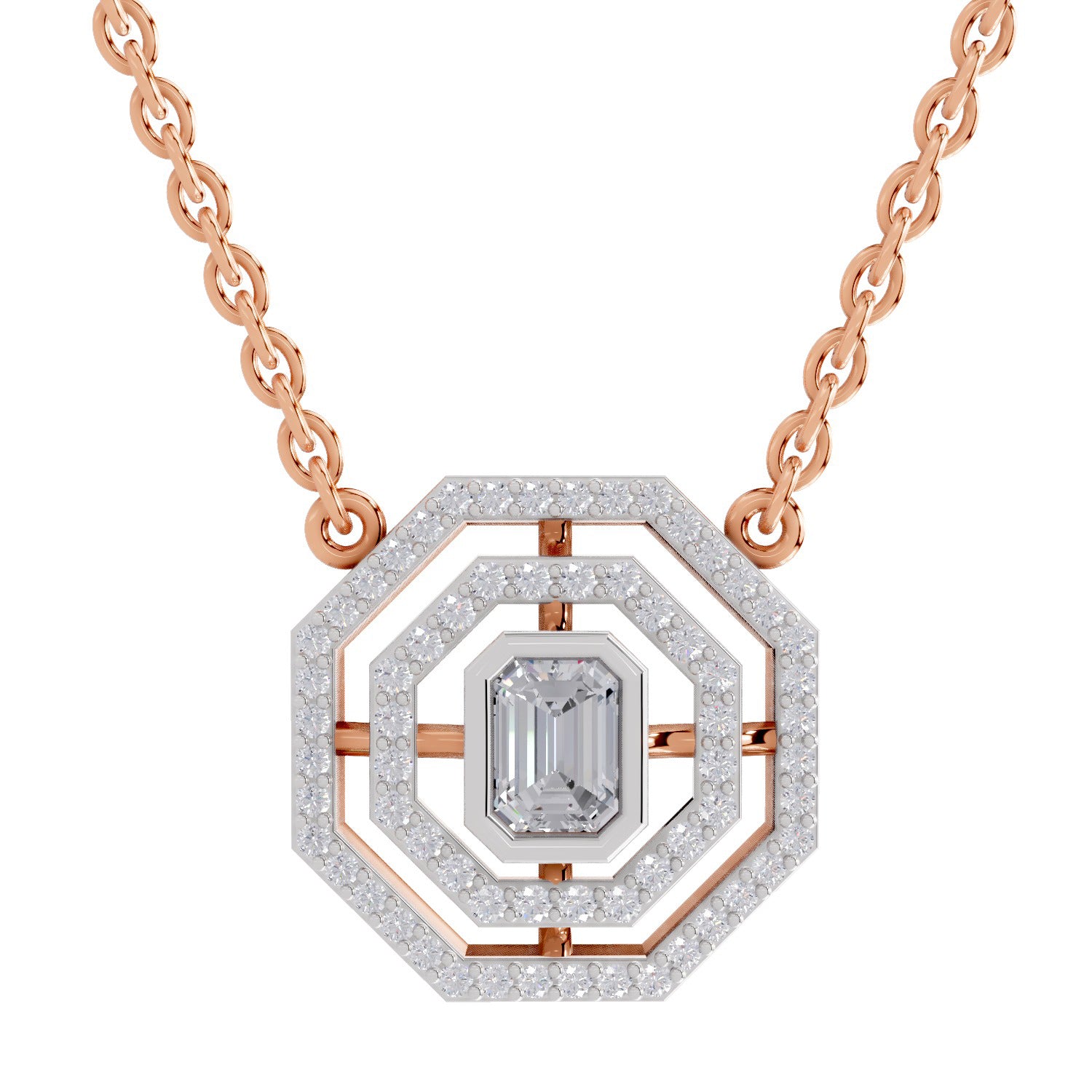 0.84 Ct Emerald & Round Shape Octagonal Halo Diamond Necklace | 14K Rose Gold