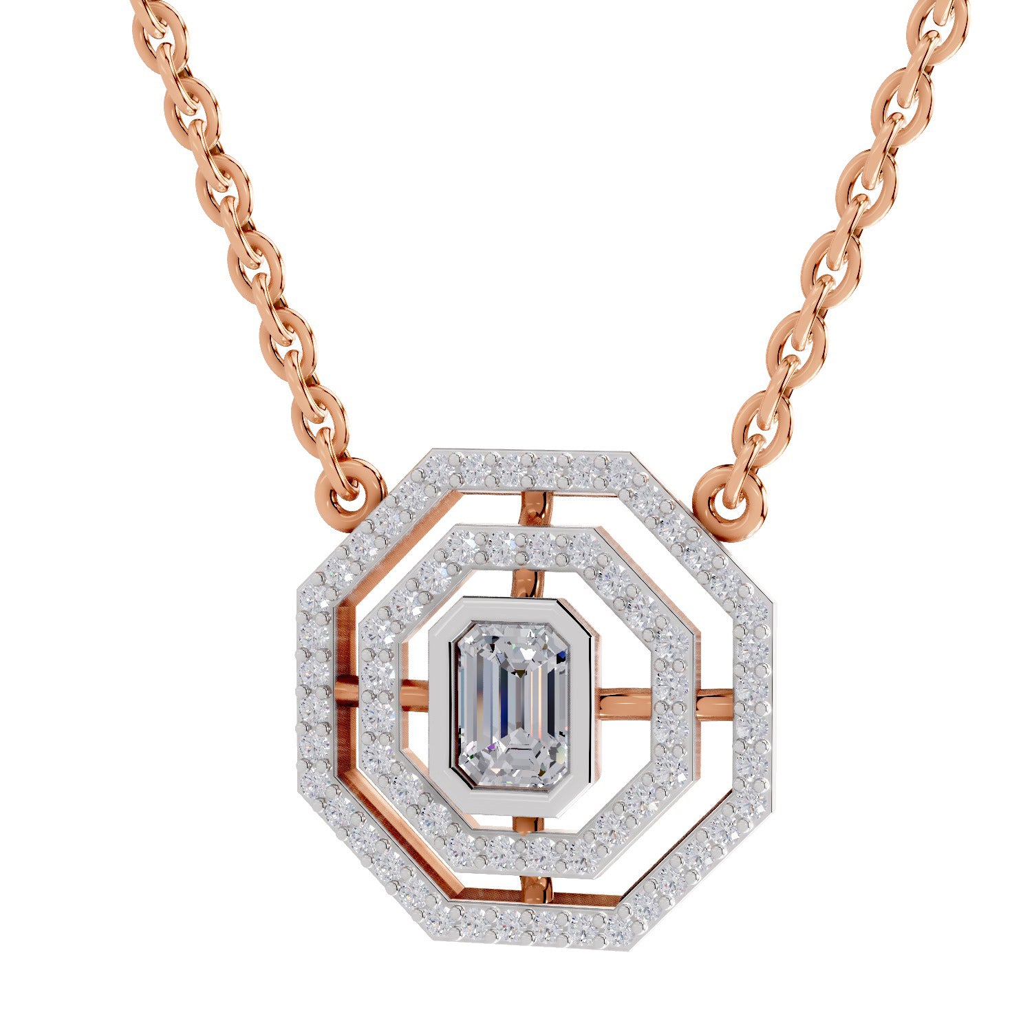 0.84 Ct Emerald & Round Shape Octagonal Halo Diamond Necklace | 14K Rose Gold