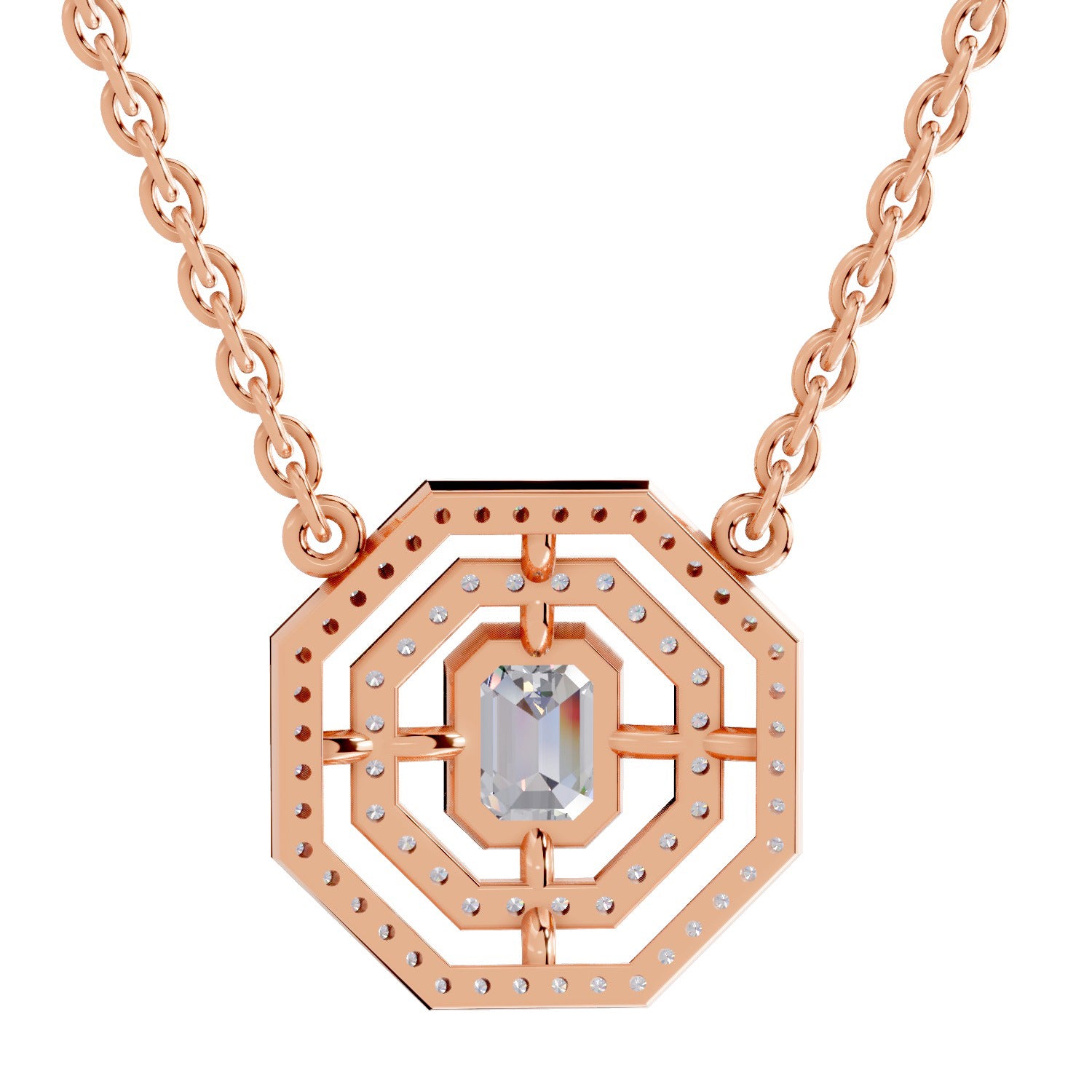 0.84 Ct Emerald & Round Shape Octagonal Halo Diamond Necklace | 14K Rose Gold