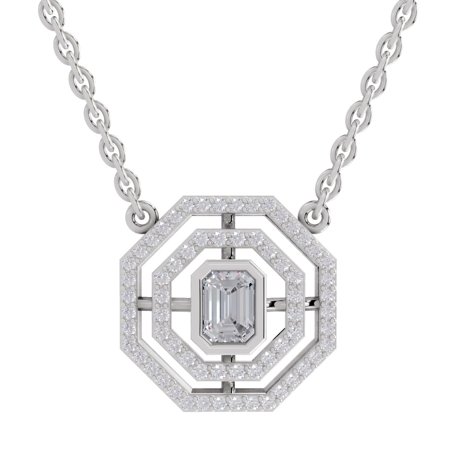 0.84 Ct Emerald & Round Shape Octagonal Halo Diamond Necklace | 14K White Gold
