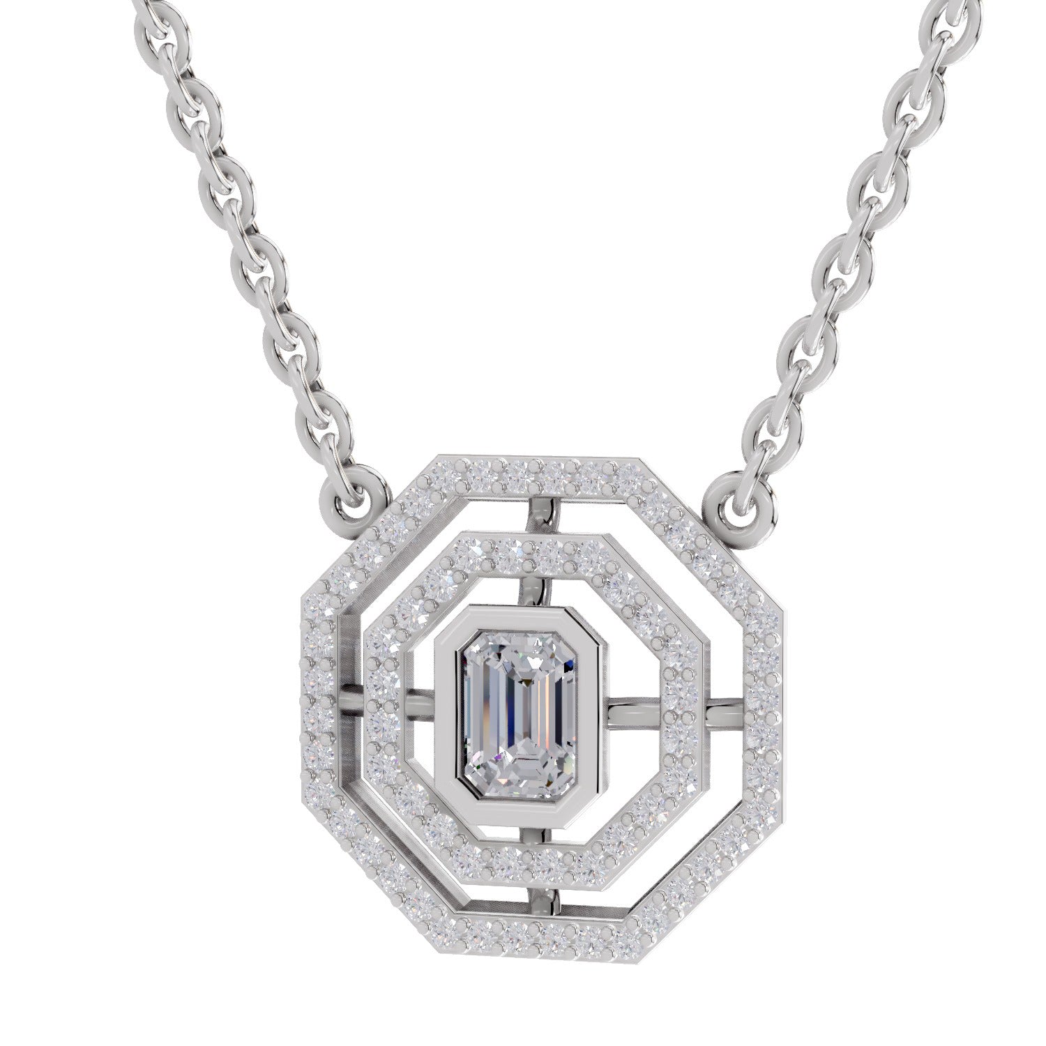 0.84 Ct Emerald & Round Shape Octagonal Halo Diamond Necklace | 14K White Gold