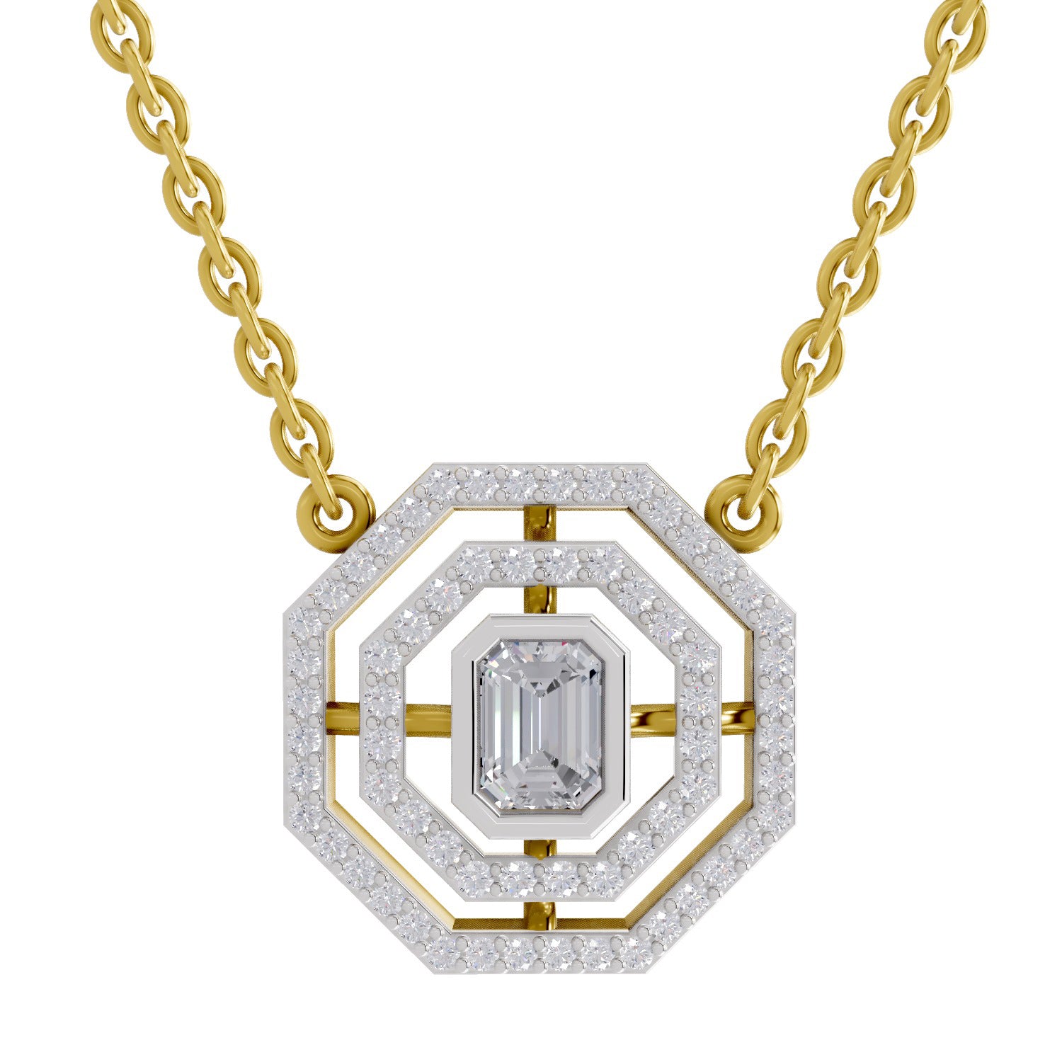 0.84 Ct Emerald & Round Shape Octagonal Halo Diamond Necklace | 14K Yellow Gold