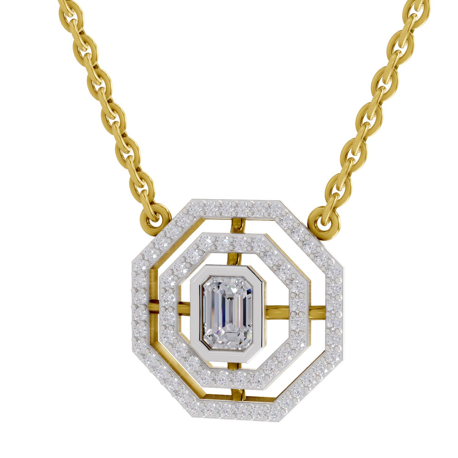 0.84 Ct Emerald & Round Shape Octagonal Halo Diamond Necklace | 14K Yellow Gold