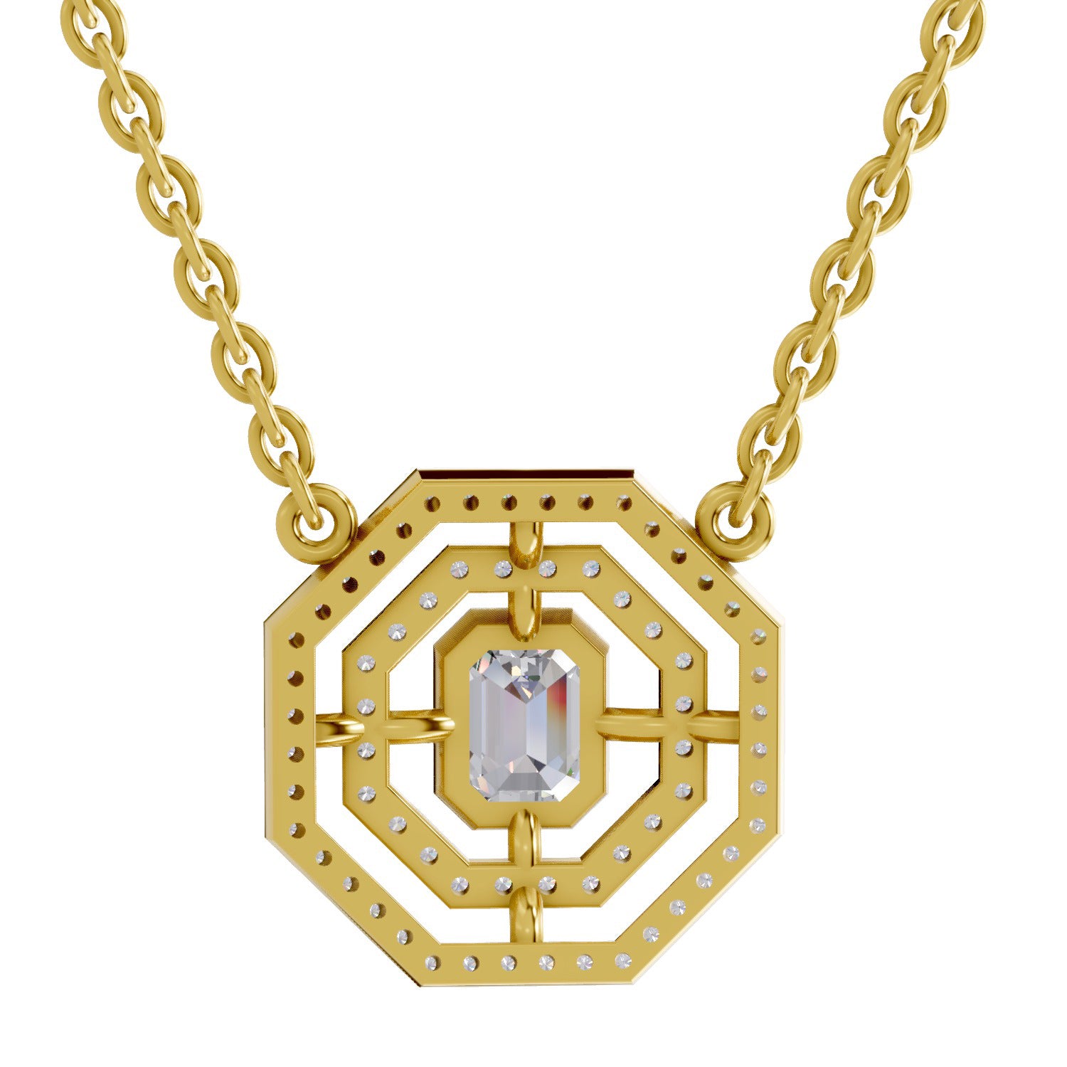 0.84 Ct Emerald & Round Shape Octagonal Halo Diamond Necklace | 14K Yellow Gold