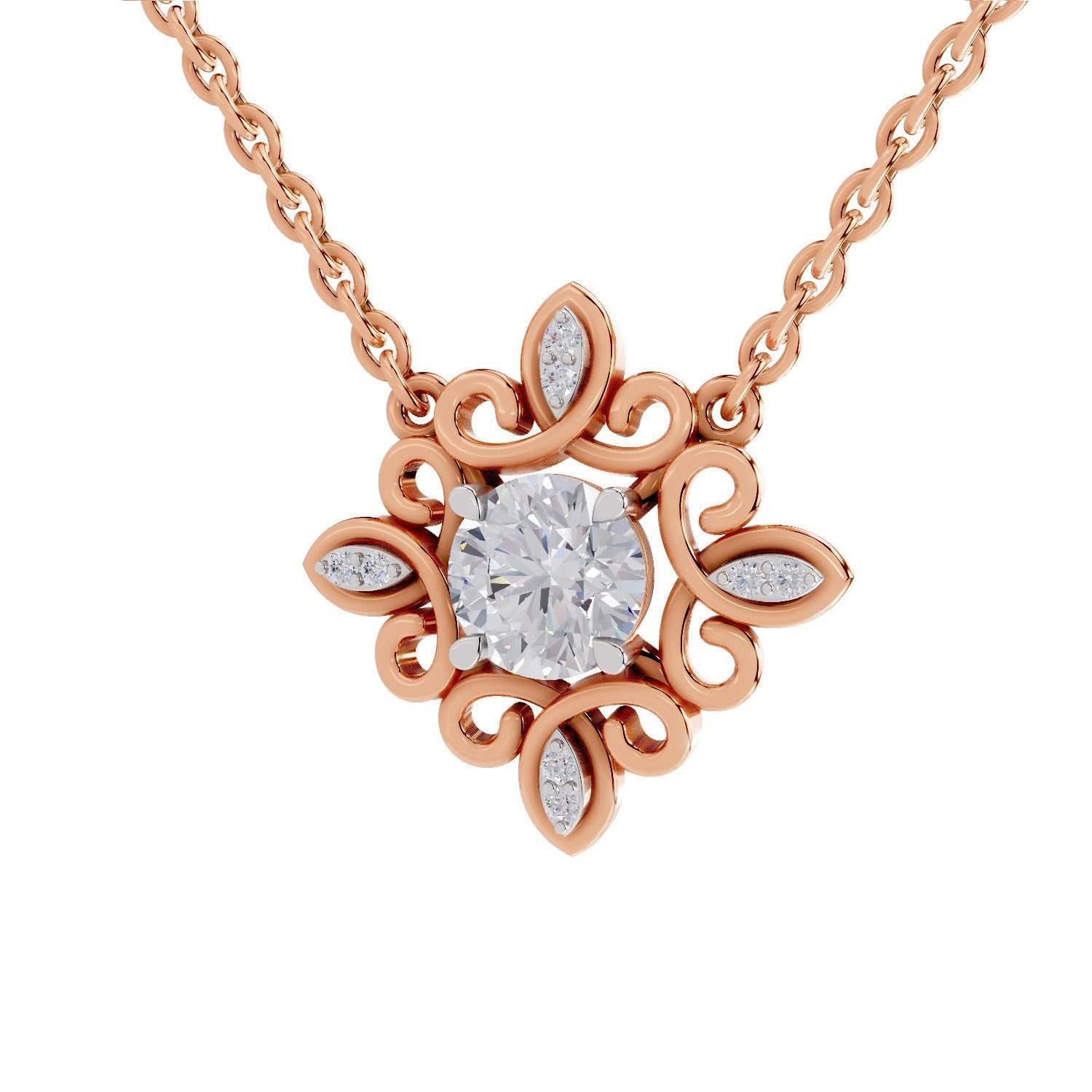0.84 Ct Round Shape Halo Diamond Necklace | 14K Rose Gold