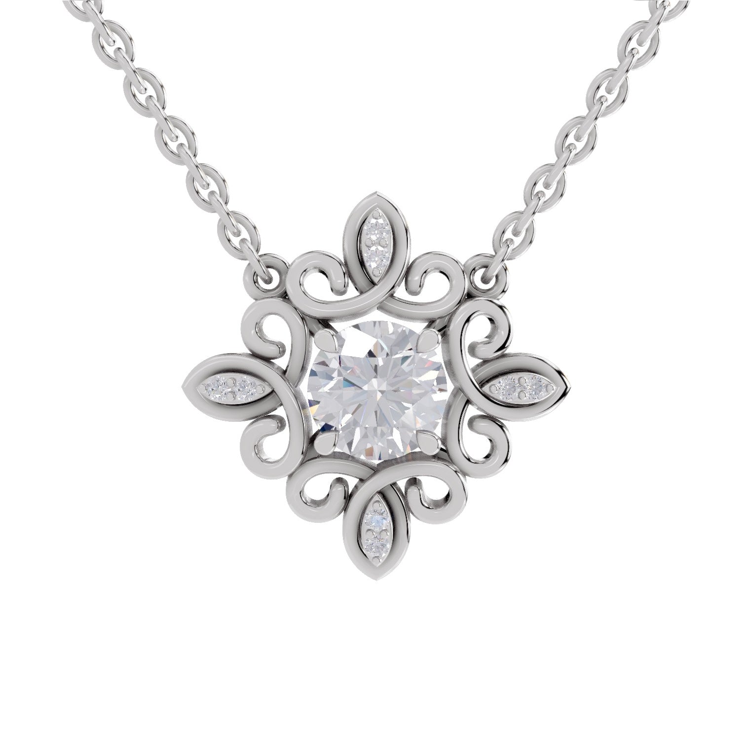 0.84 Ct Round Shape Halo Diamond Necklace | 14K White Gold