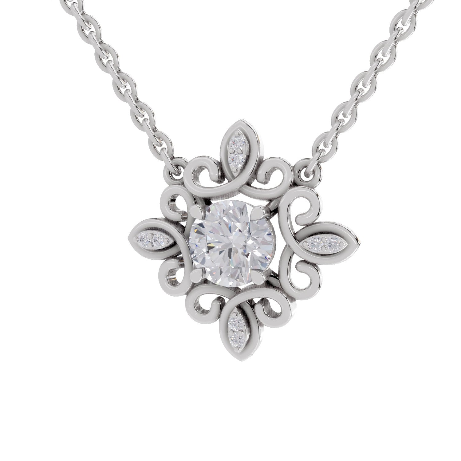 0.84 Ct Round Shape Halo Diamond Necklace | 14K White Gold