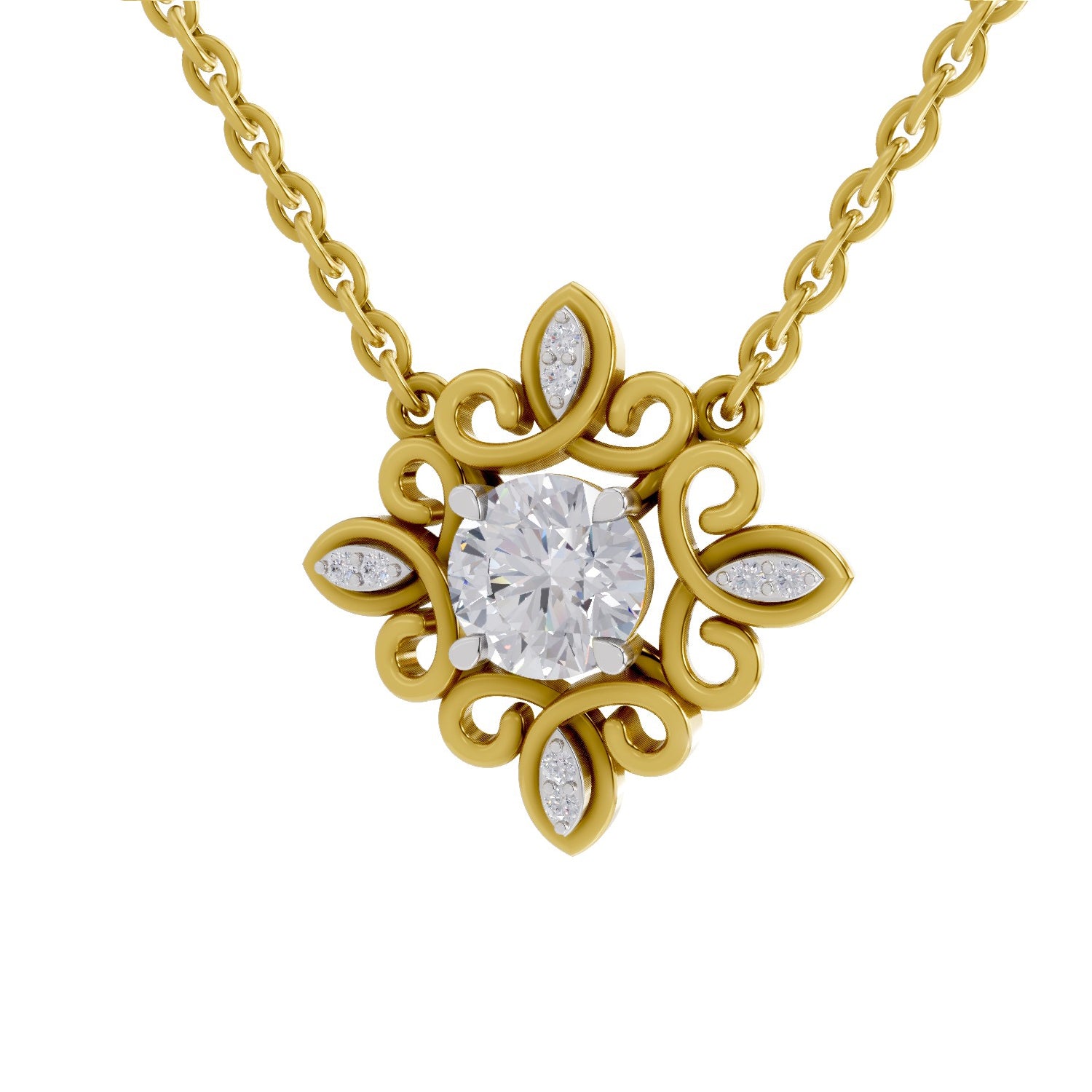 0.84 Ct Round Shape Halo Diamond Necklace | 14K Yellow Gold