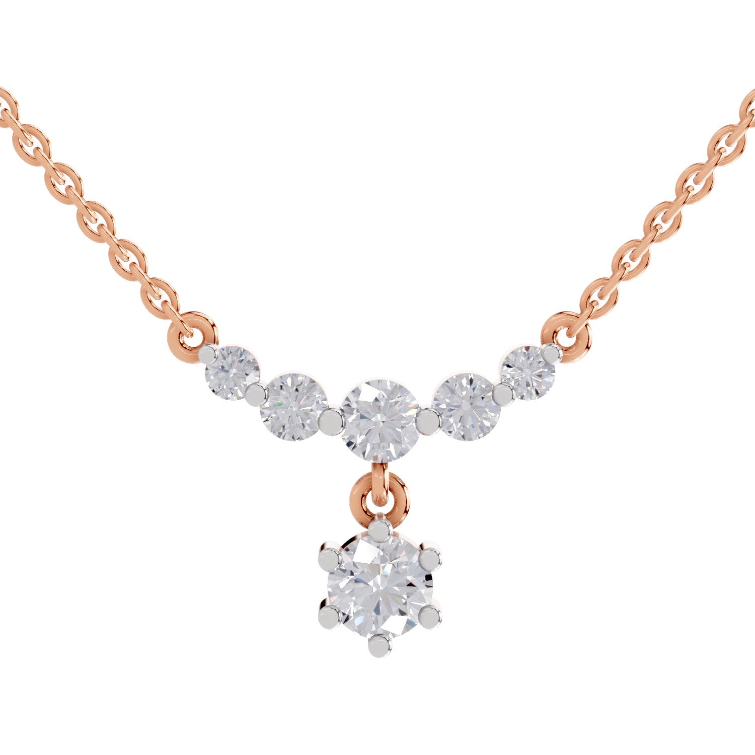 1.13 Ct Round Shape Graduated Diamond Drop Necklace | 14K Rose Gold