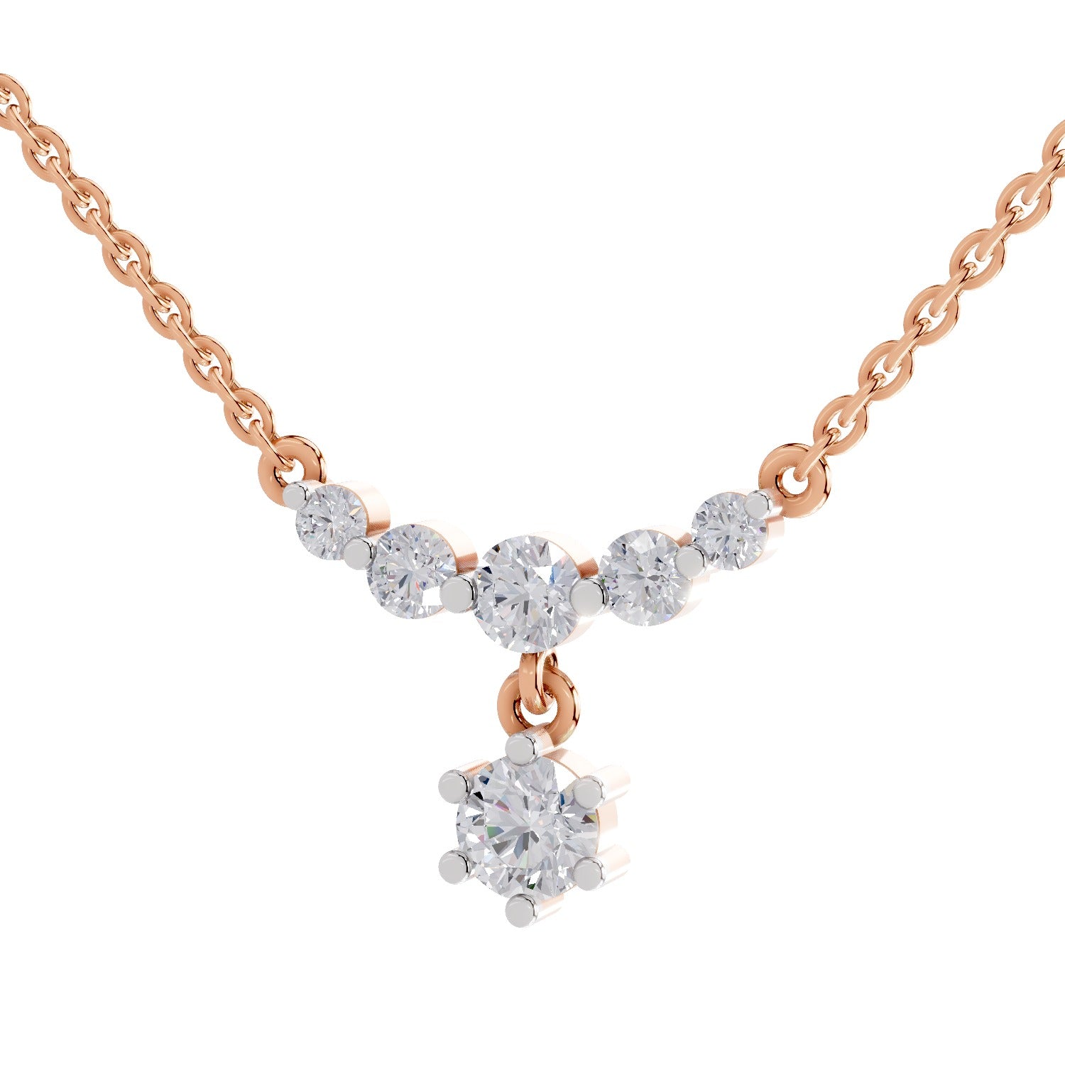 1.13 Ct Round Shape Graduated Diamond Drop Necklace | 14K Rose Gold