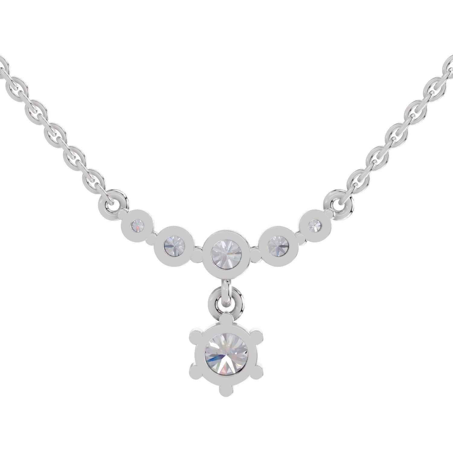 1.13 Ct Round Shape Graduated Diamond Drop Necklace | 14K White Gold