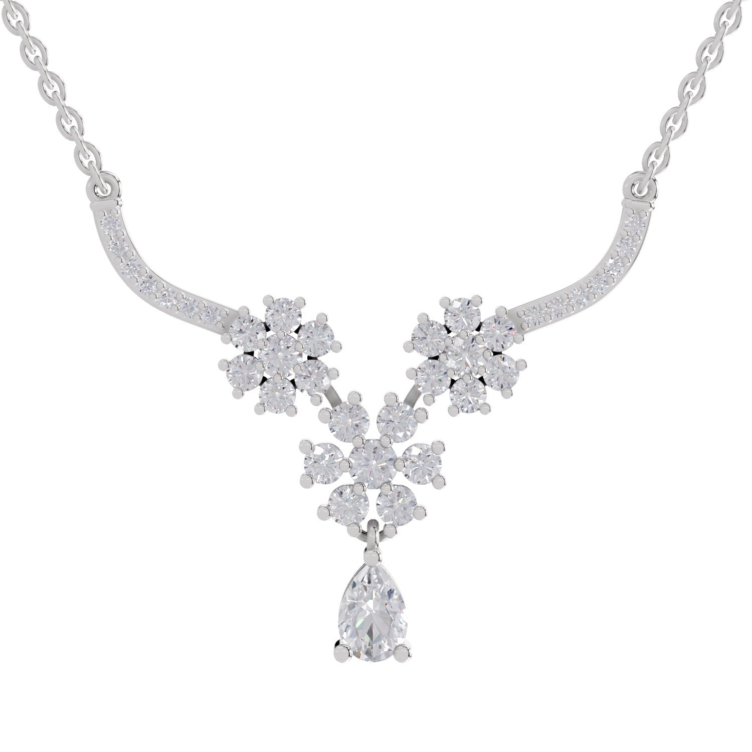 1.69 Ct Round Shape Floral Cluster Diamond Necklace | 14K White Gold