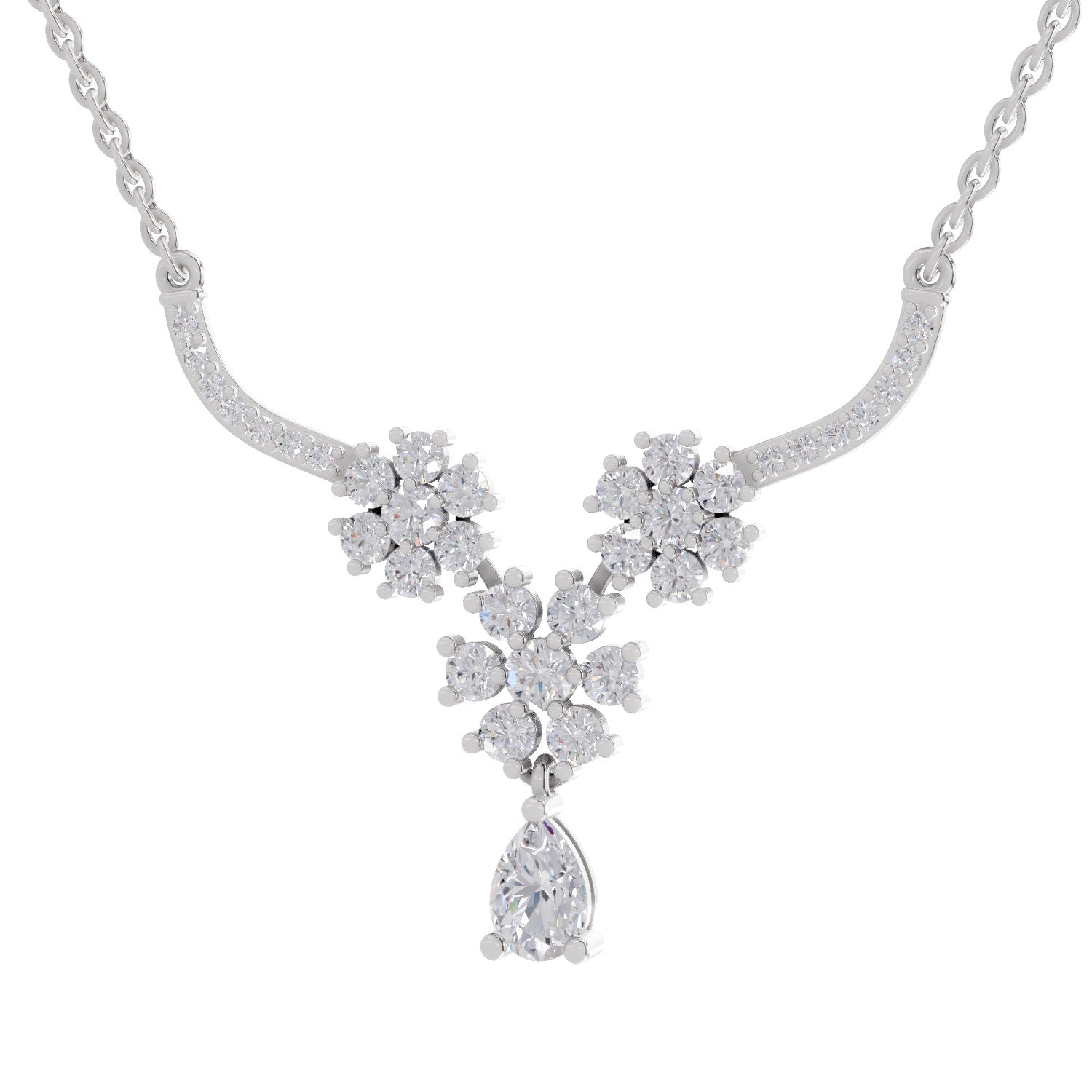 1.69 Ct Round Shape Floral Cluster Diamond Necklace | 14K White Gold