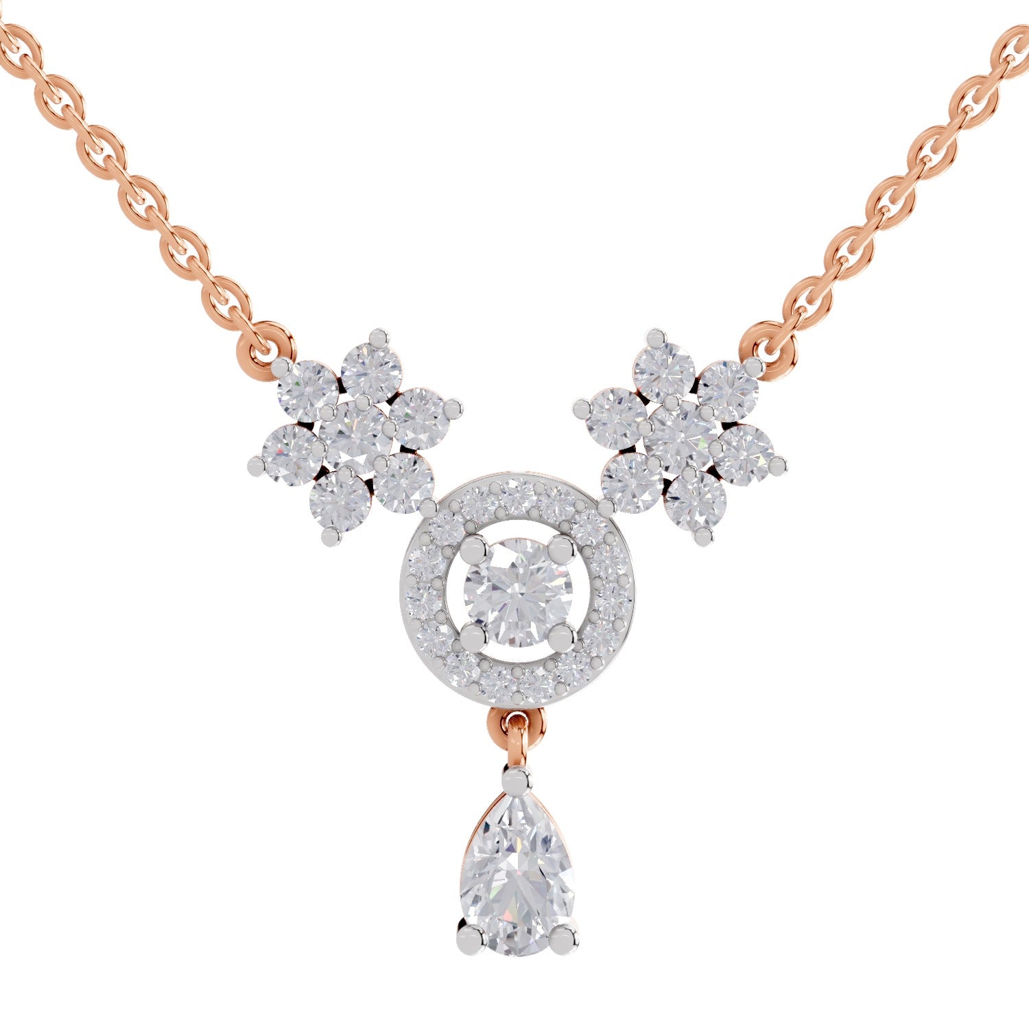 1.48 Ct Pear & Round Shape Floral Cluster Drop Diamond Necklace | 14K Rose Gold
