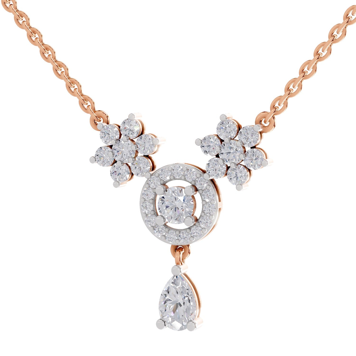 1.48 Ct Pear & Round Shape Floral Cluster Drop Diamond Necklace | 14K Rose Gold