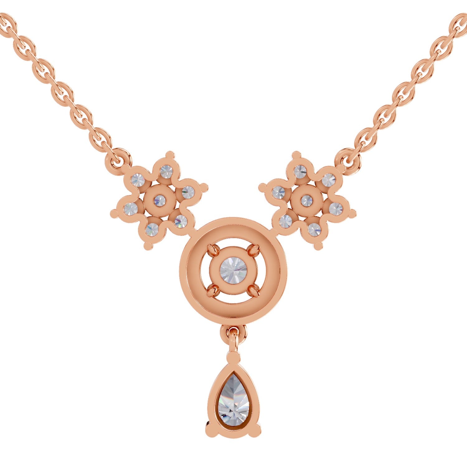 1.48 Ct Pear & Round Shape Floral Cluster Drop Diamond Necklace | 14K Rose Gold