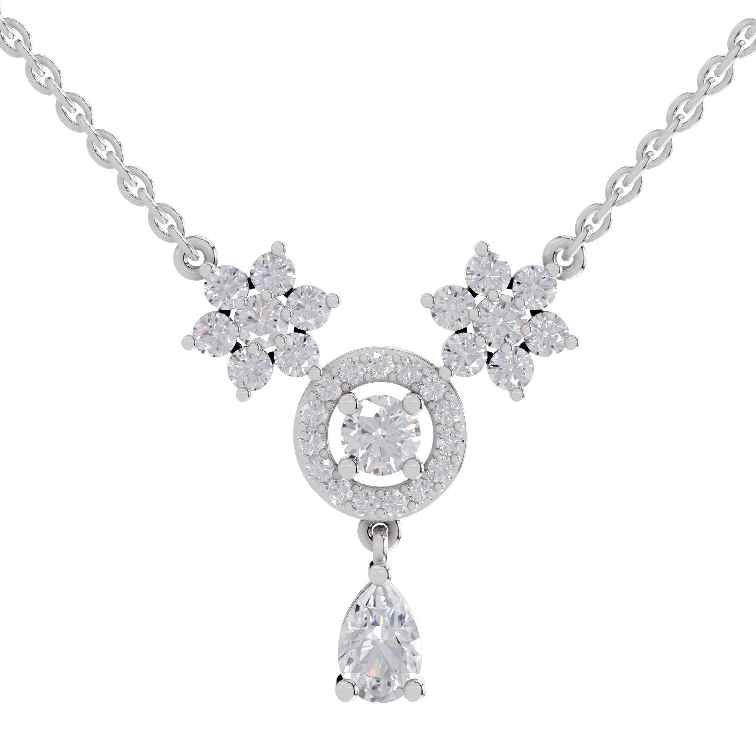 1.48 Ct Pear & Round Shape Floral Cluster Drop Diamond Necklace | 14K White Gold
