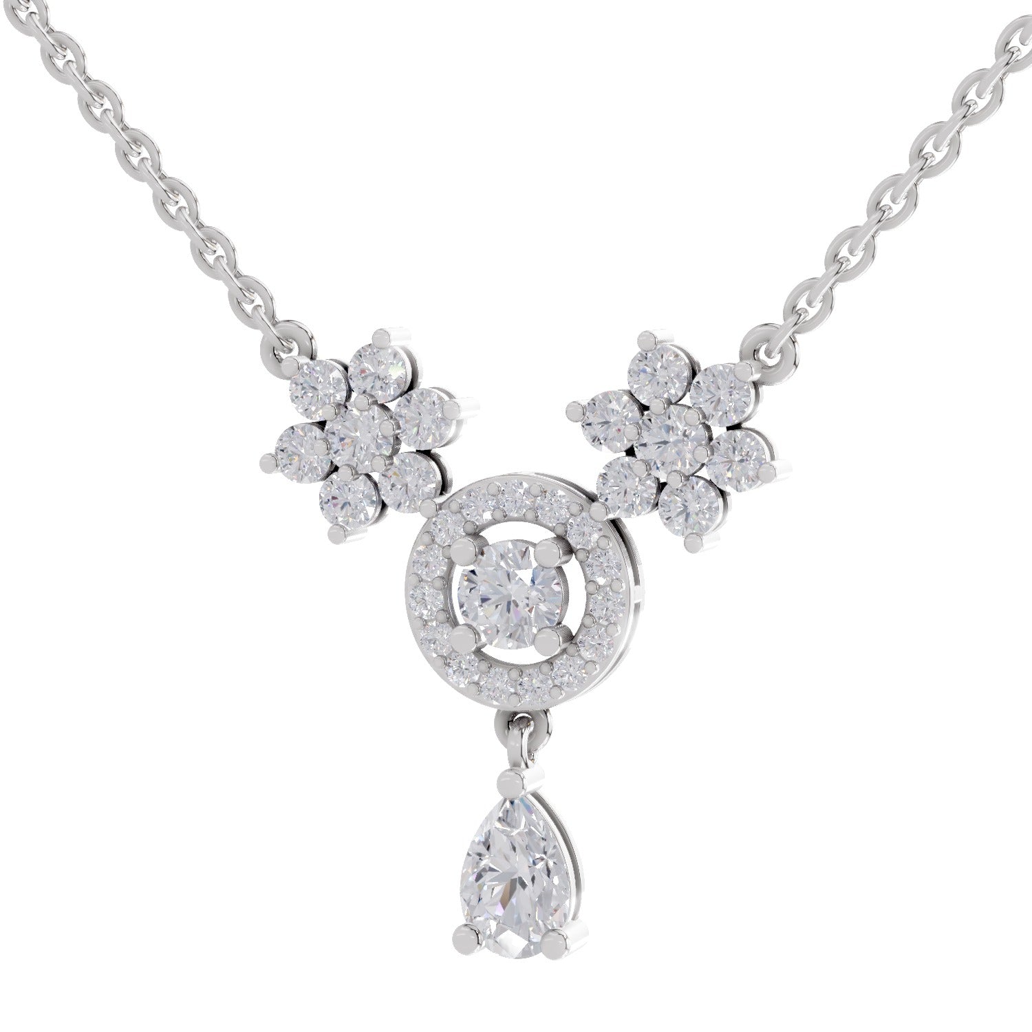 1.48 Ct Pear & Round Shape Floral Cluster Drop Diamond Necklace | 14K White Gold