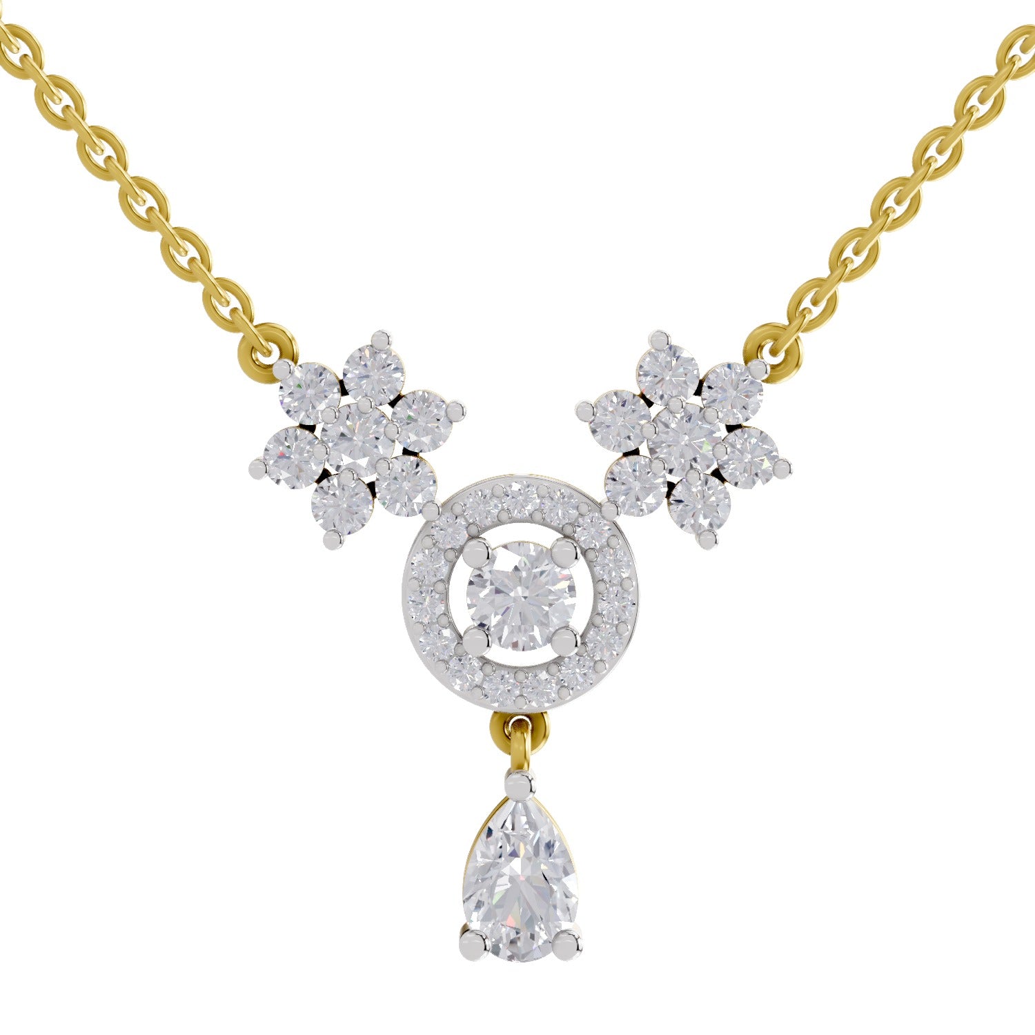 1.48 Ct Pear Floral Cluster Drop Diamond Necklace in 14K