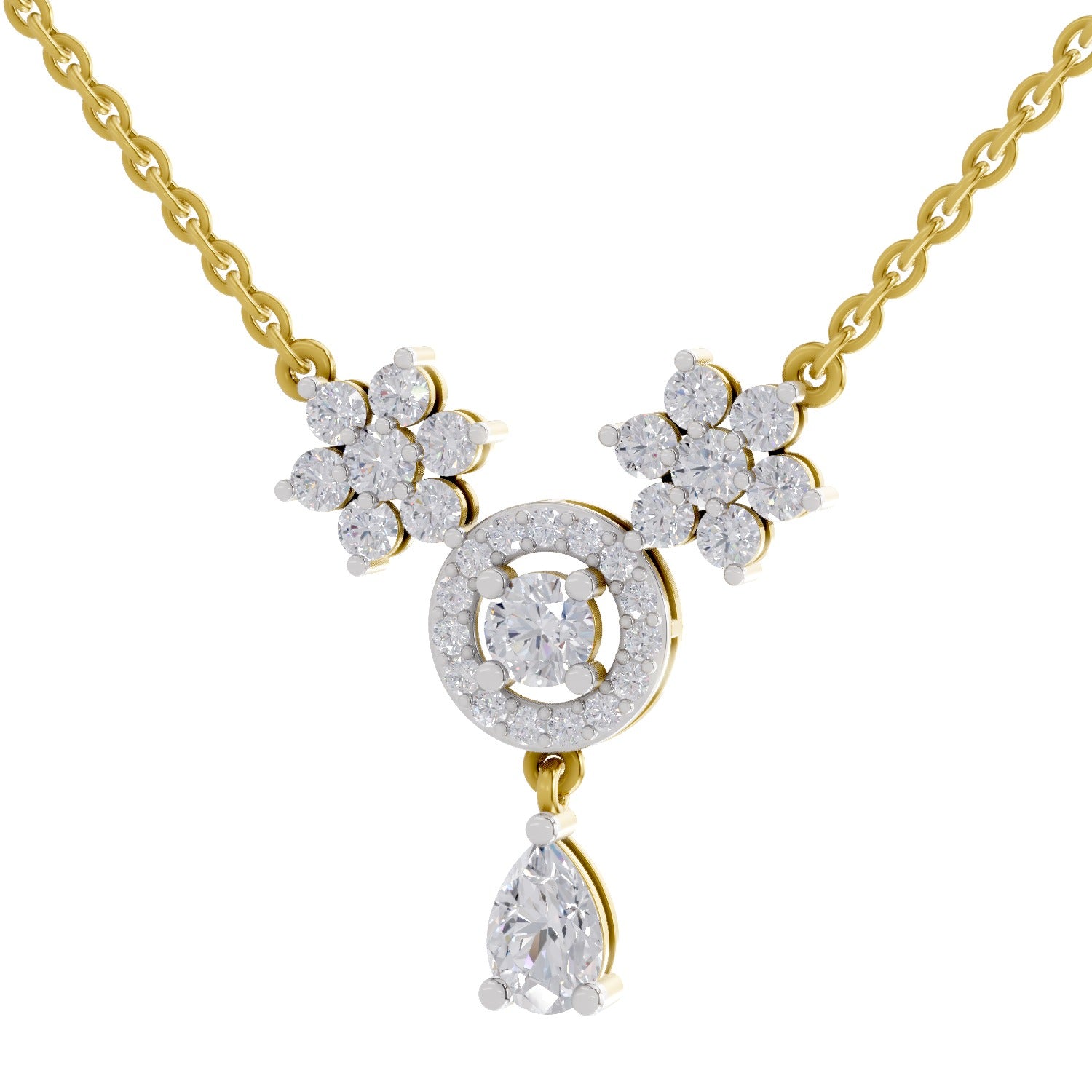 1.48 Ct Pear & Round Shape Floral Cluster Drop Diamond Necklace | 14K Yellow Gold