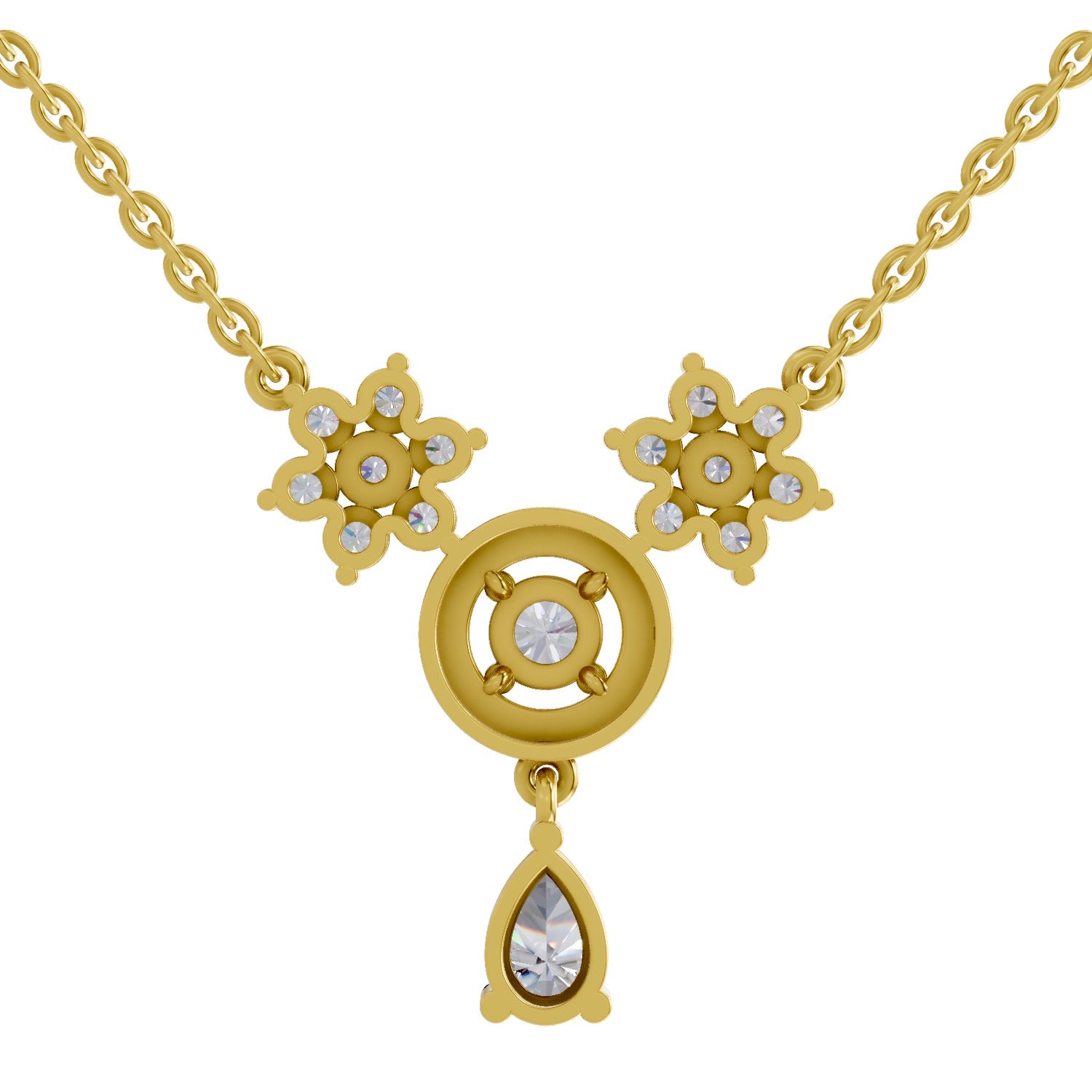 1.48 Ct Pear & Round Shape Floral Cluster Drop Diamond Necklace | 14K Yellow Gold