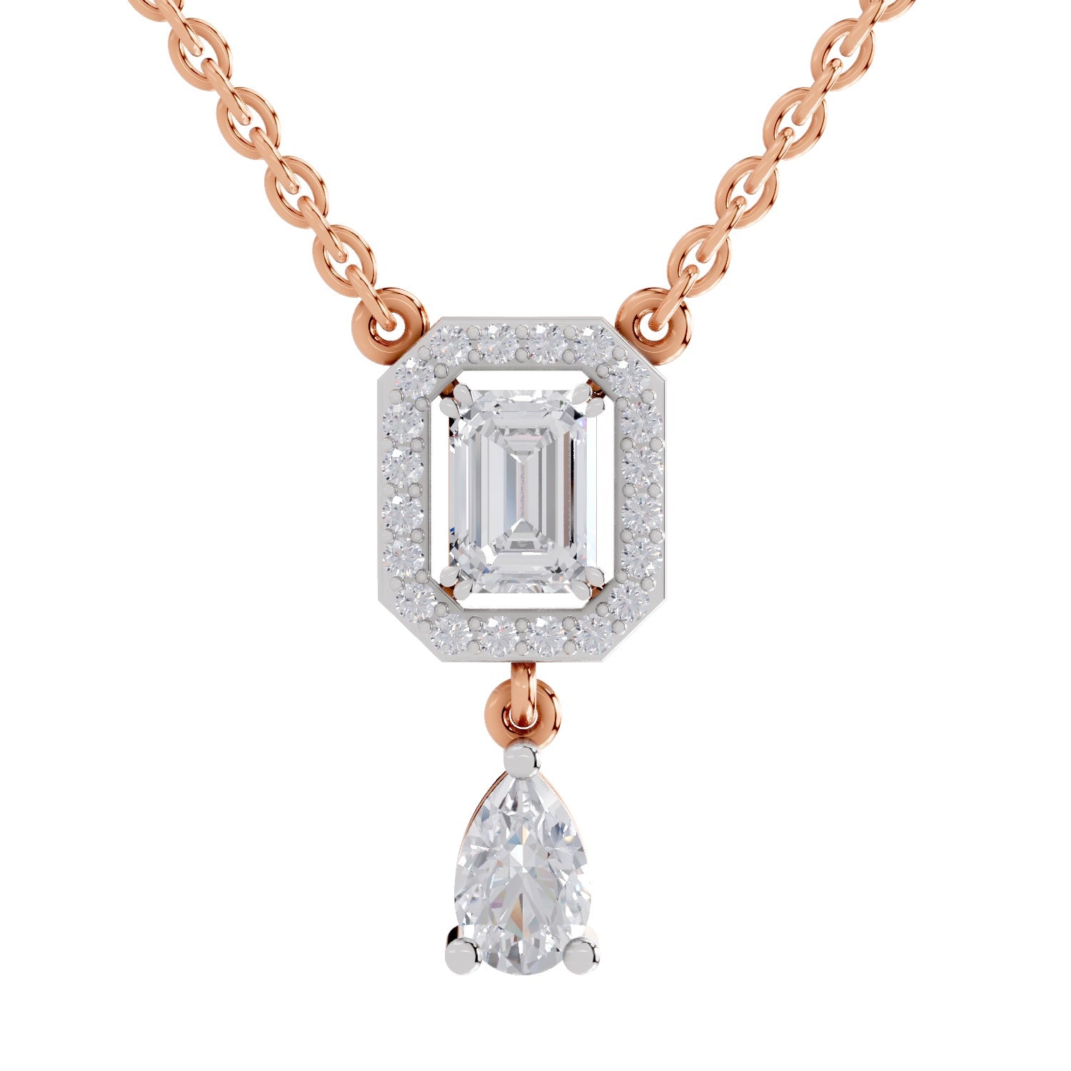 1.32 Ct Emerald Shape Halo Drop Diamond Necklace | 14K Rose Gold