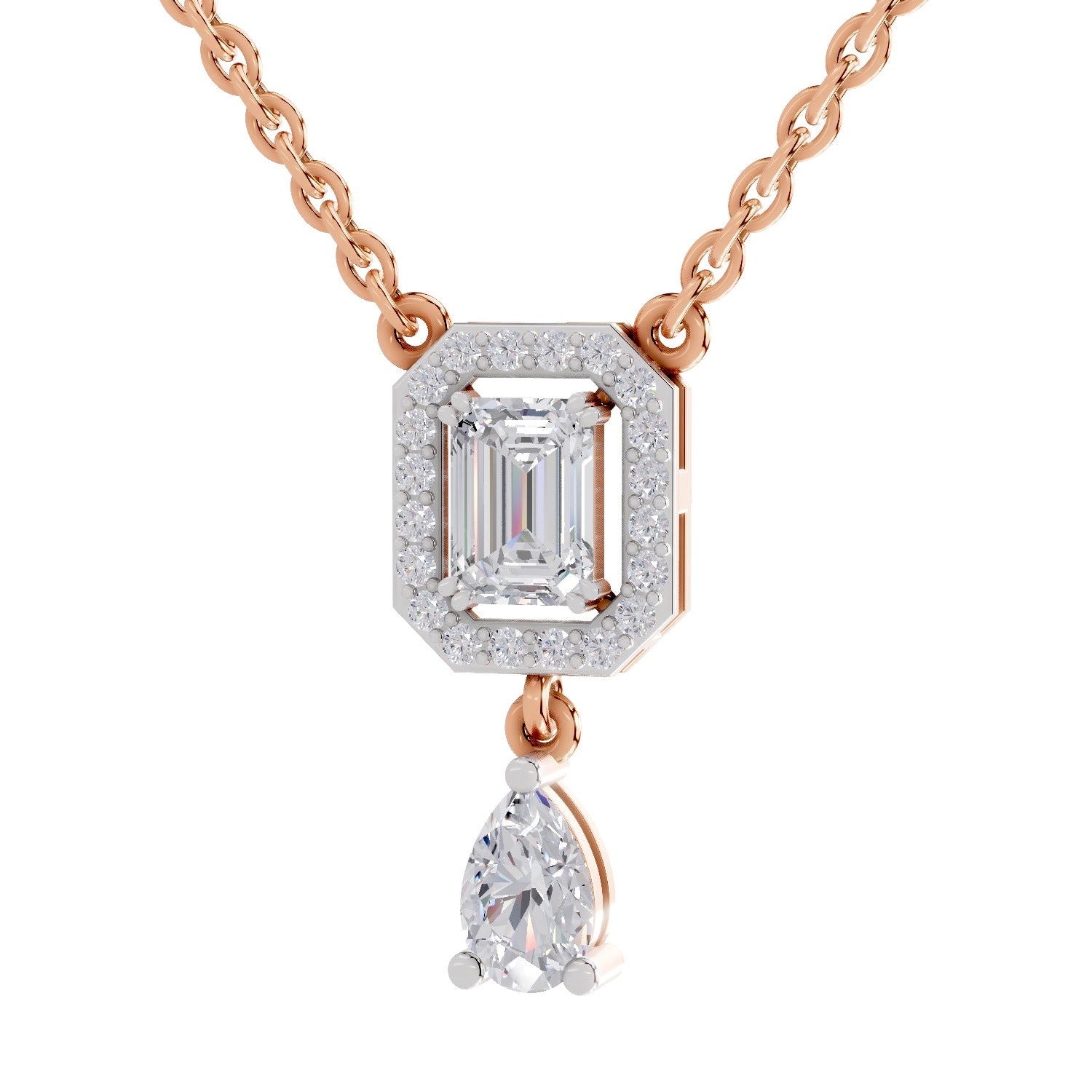 1.32 Ct Emerald Shape Halo Drop Diamond Necklace | 14K Rose Gold