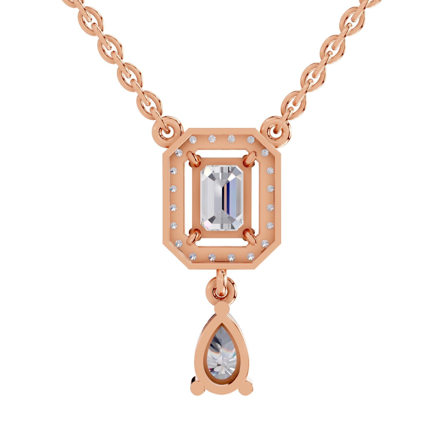 1.32 Ct Emerald Shape Halo Drop Diamond Necklace | 14K Rose Gold