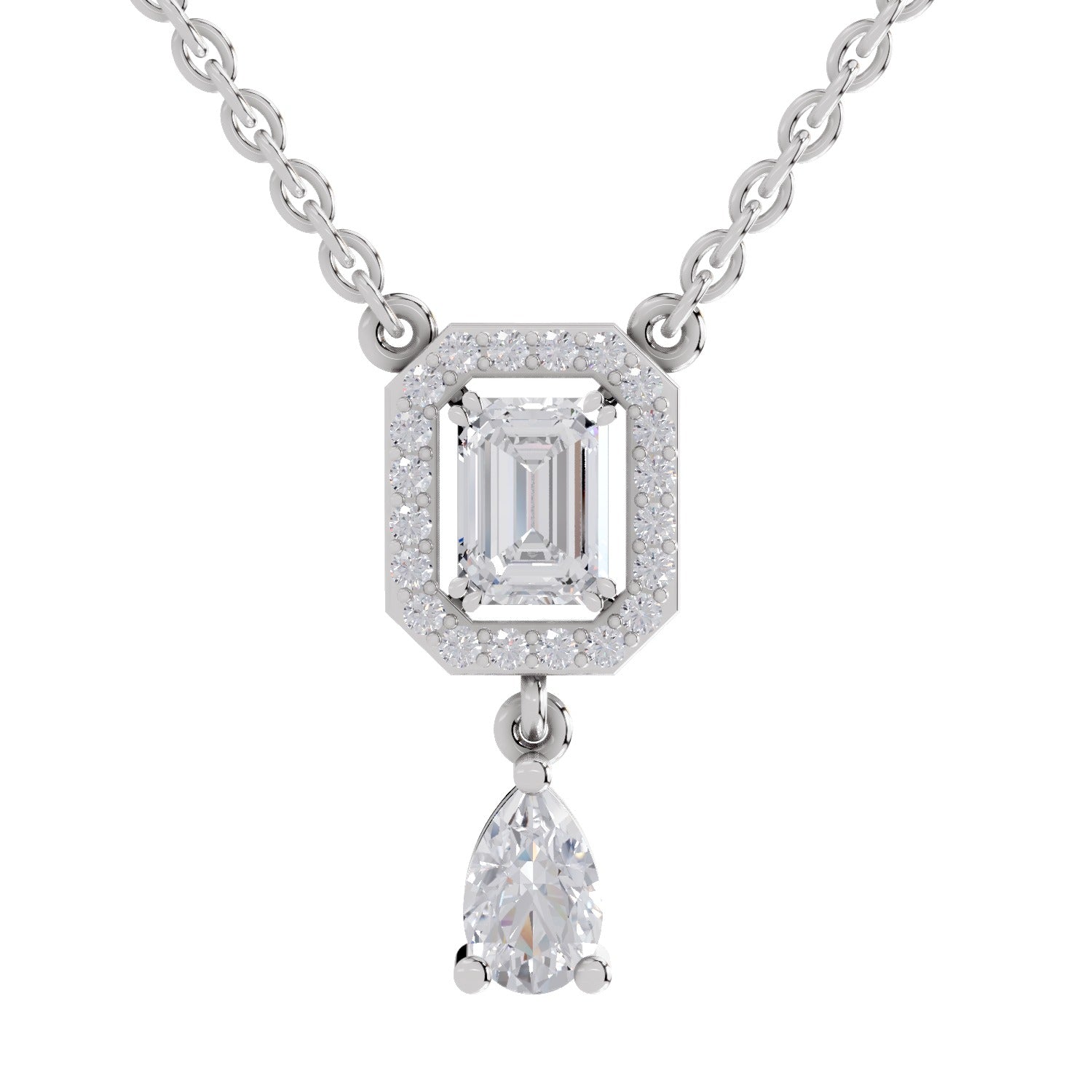 1.32 Ct Emerald Shape Halo Drop Diamond Necklace | 14K White Gold