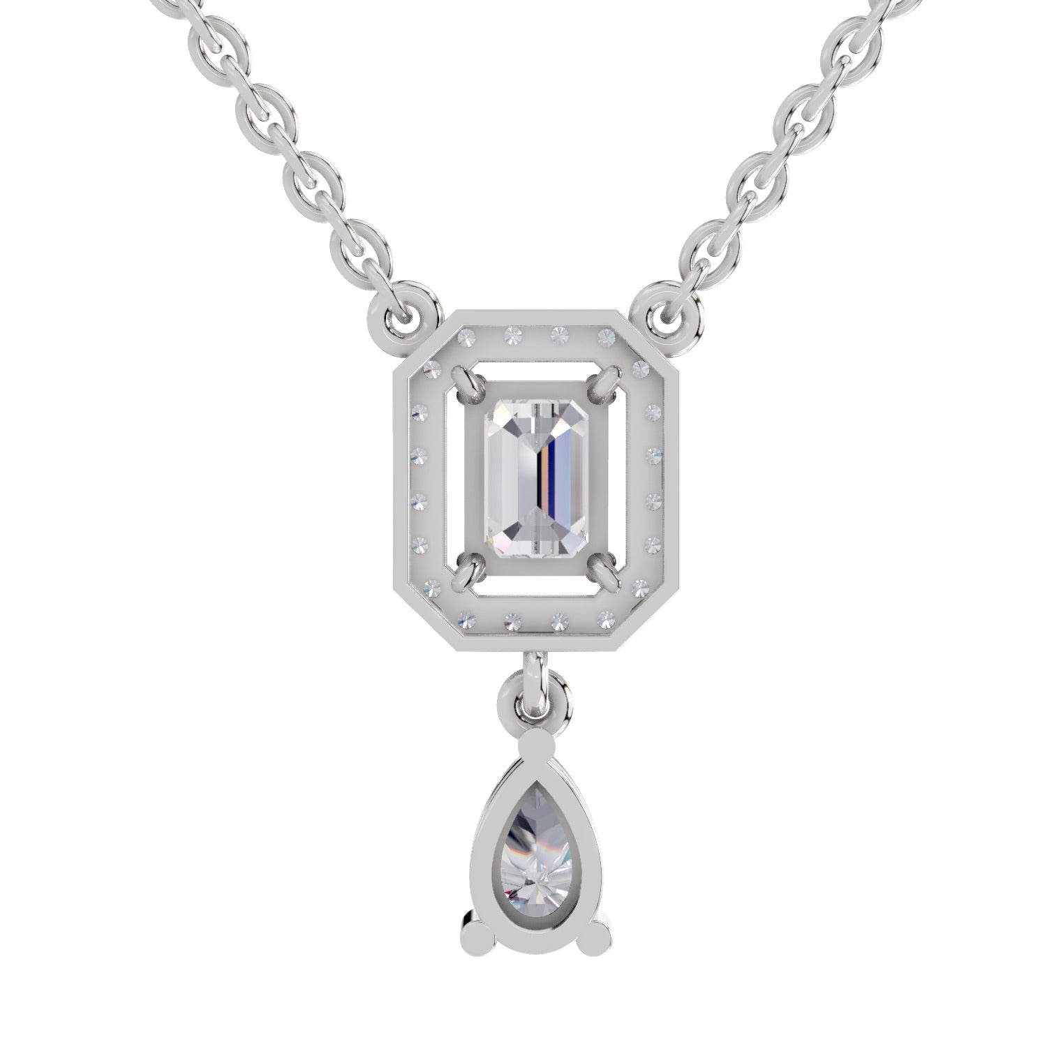 1.32 Ct Emerald Shape Halo Drop Diamond Necklace | 14K White Gold