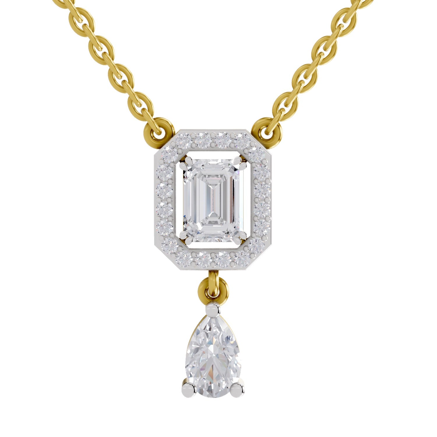 1.32 Ct Emerald Shape Halo Drop Diamond Necklace in 14K