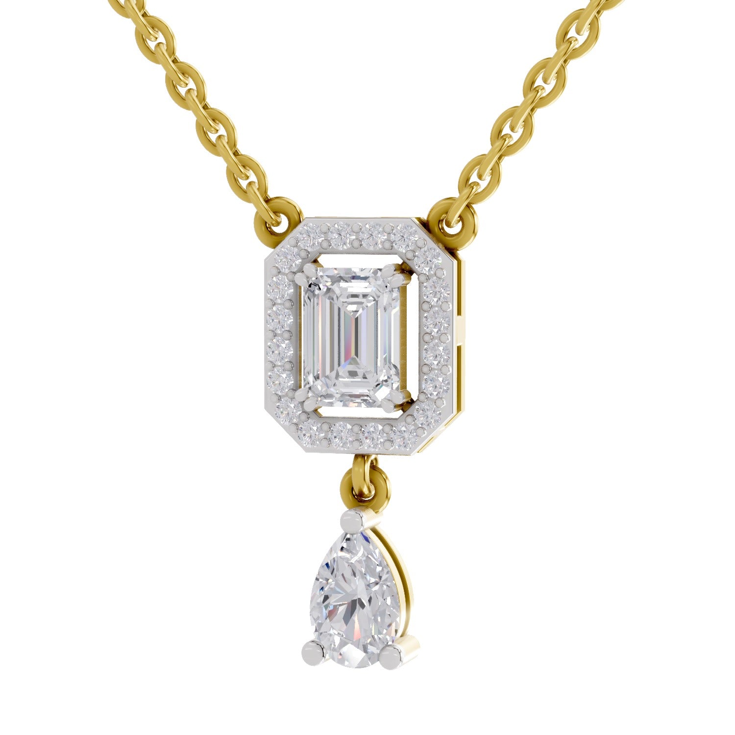 1.32 Ct Emerald Shape Halo Drop Diamond Necklace | 14K Yellow Gold