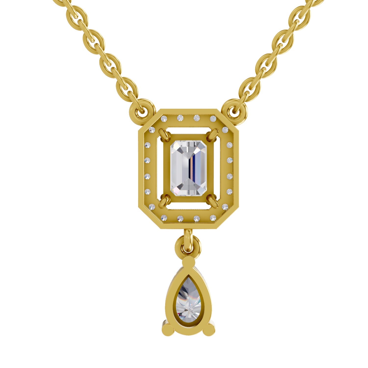 1.32 Ct Emerald Shape Halo Drop Diamond Necklace | 14K Yellow Gold