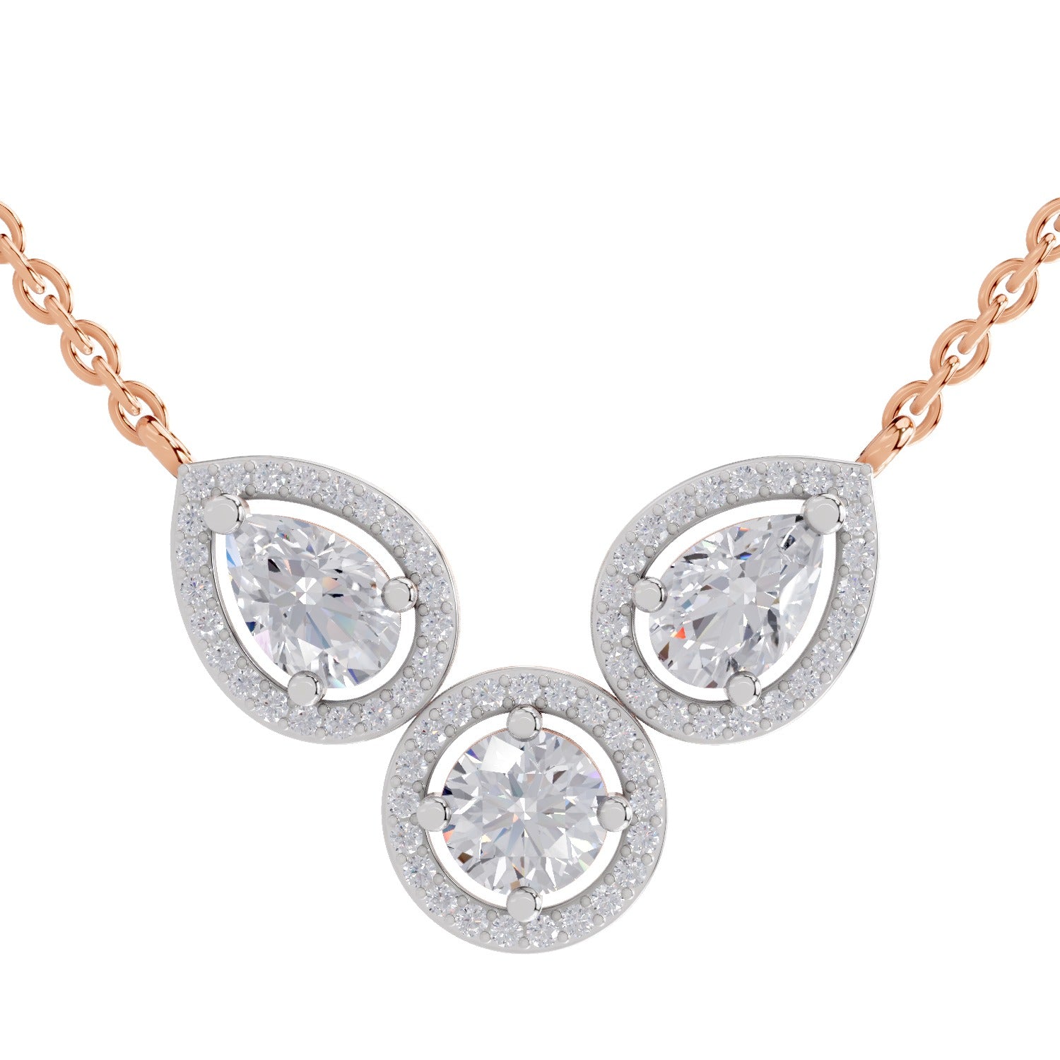 1.83 Ct Pear & Round Shape Halo Diamond Necklace | 14K Rose Gold